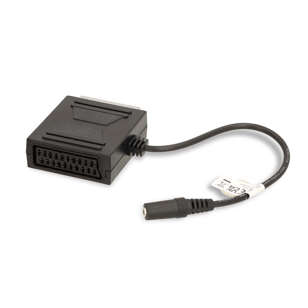Ein schwarzer SCART-Adapter mit schwarzem Kabel und 3,5-mm-Audioanschluss.