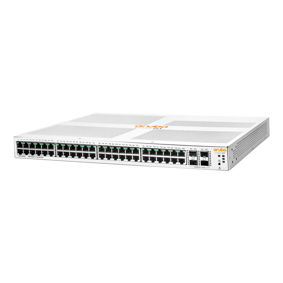 Switch di rete Aruba bianco con numerose porte e indicatori.