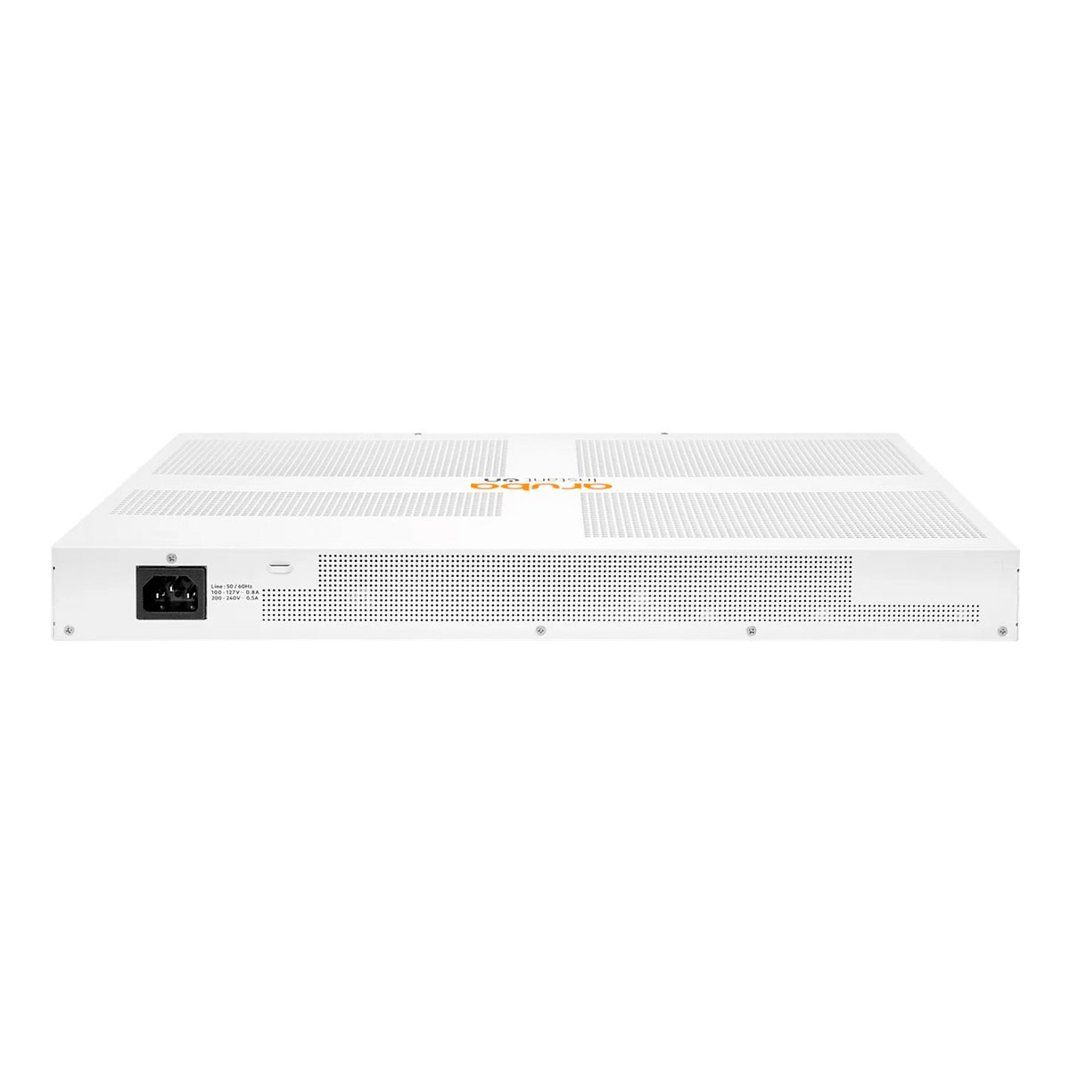 Un router bianco con parte superiore perforata e ingresso di alimentazione posteriore.