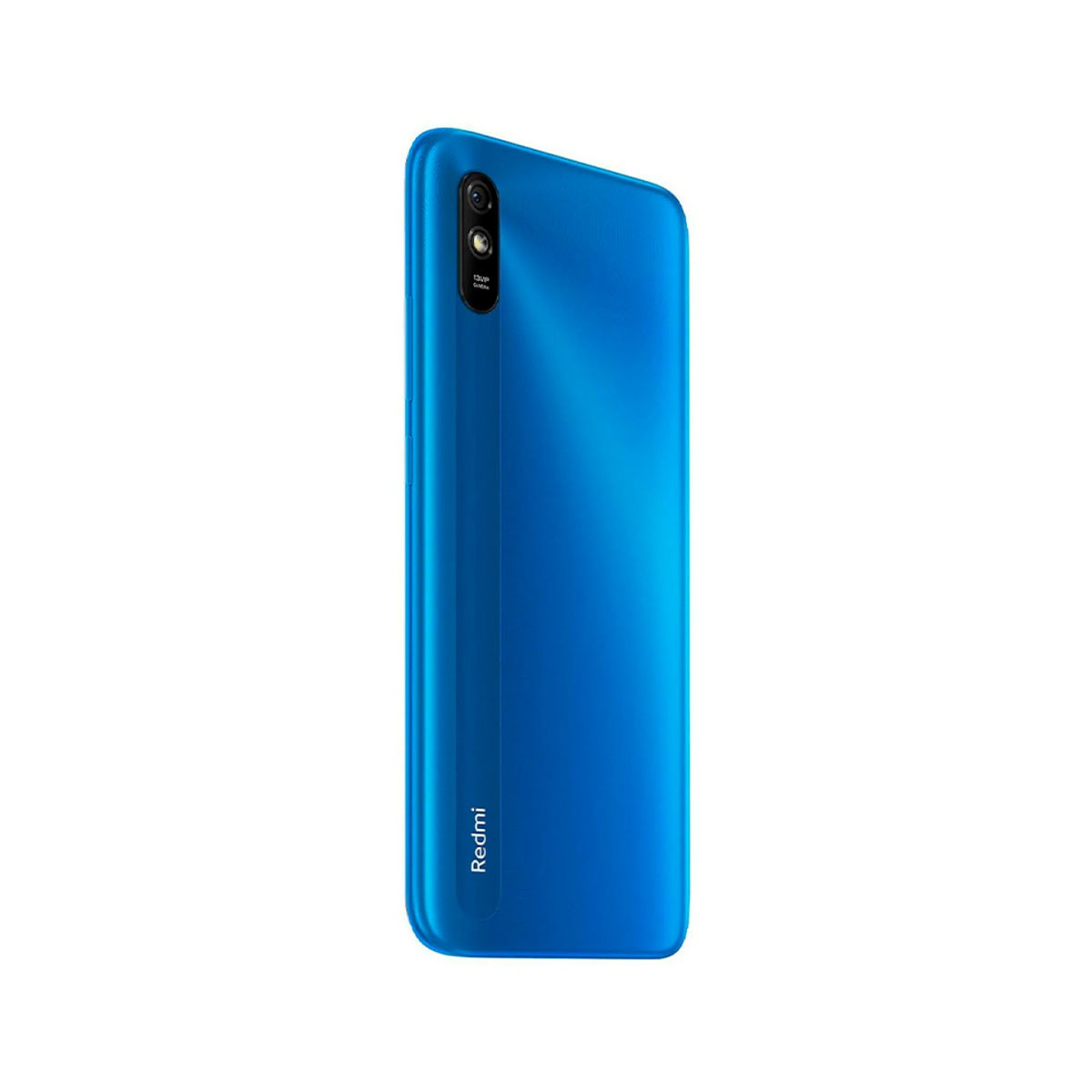 Blaues Smartphone, die Rückseite zur Kamera gerichtet. Es hat eine Kamera und das Wort 'Redmi'.