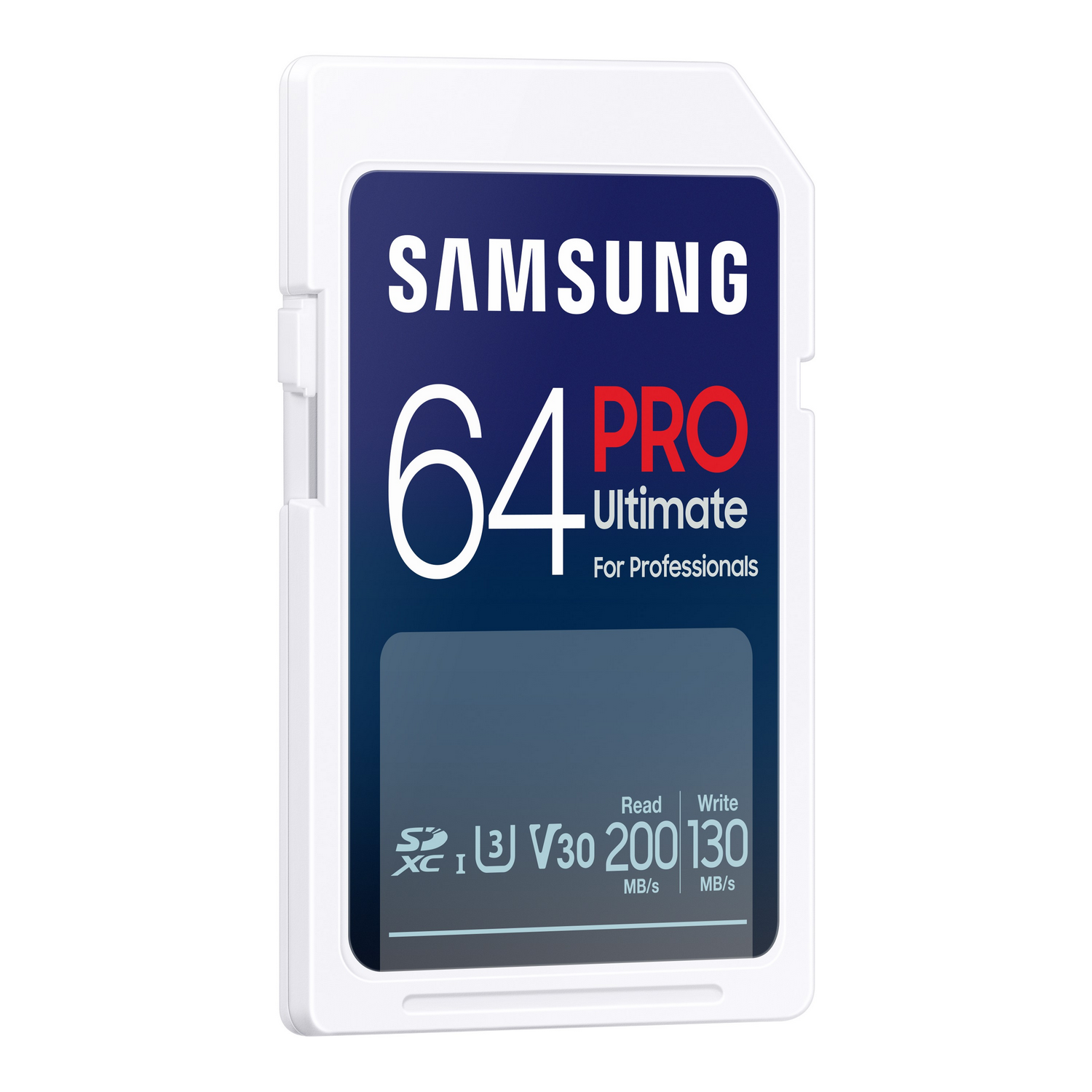 Weiße SD-Karte mit blauem Text: SAMSUNG 64 PRO Ultimate.
