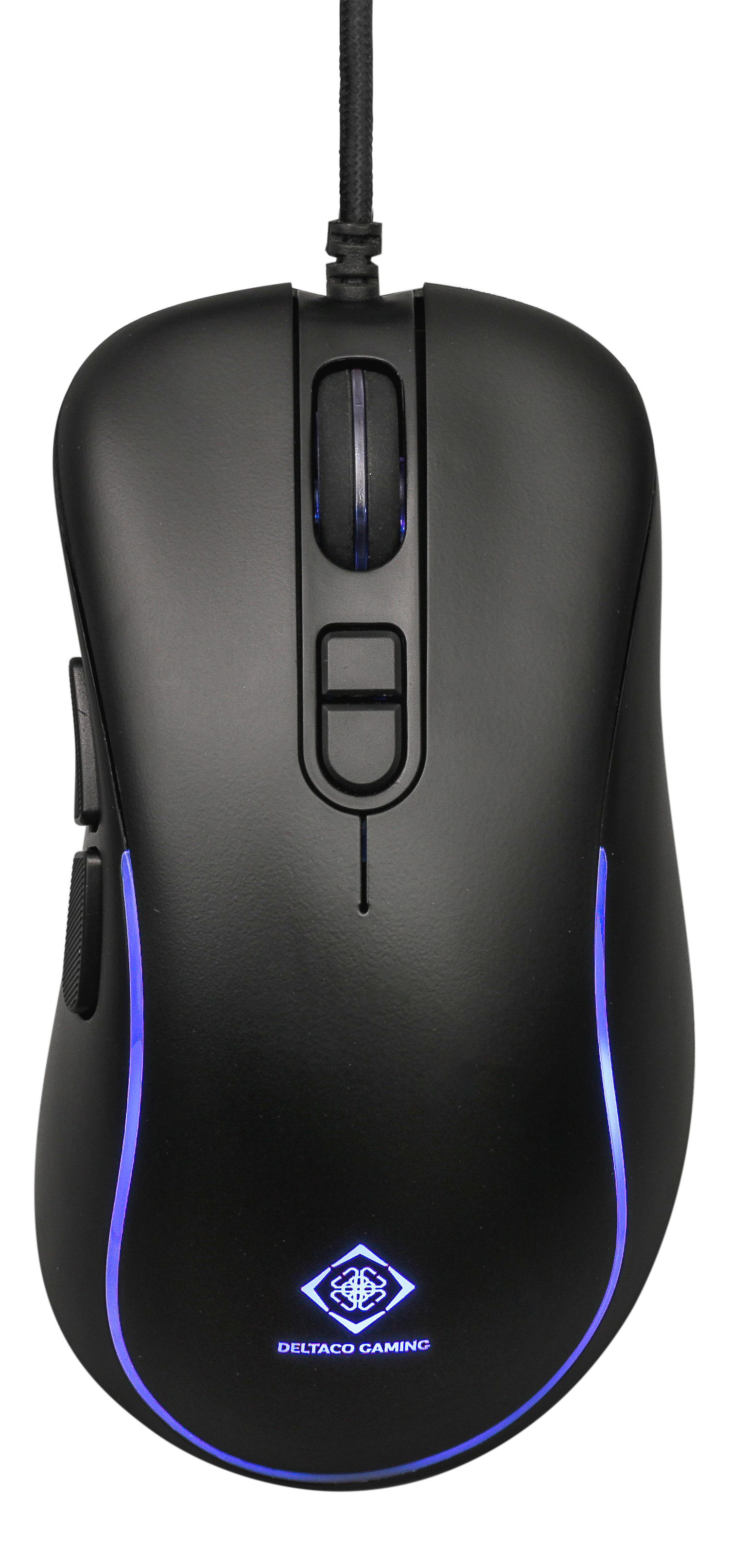 Un mouse da gioco nero con luci blu e un logo DELTACO GAMING.