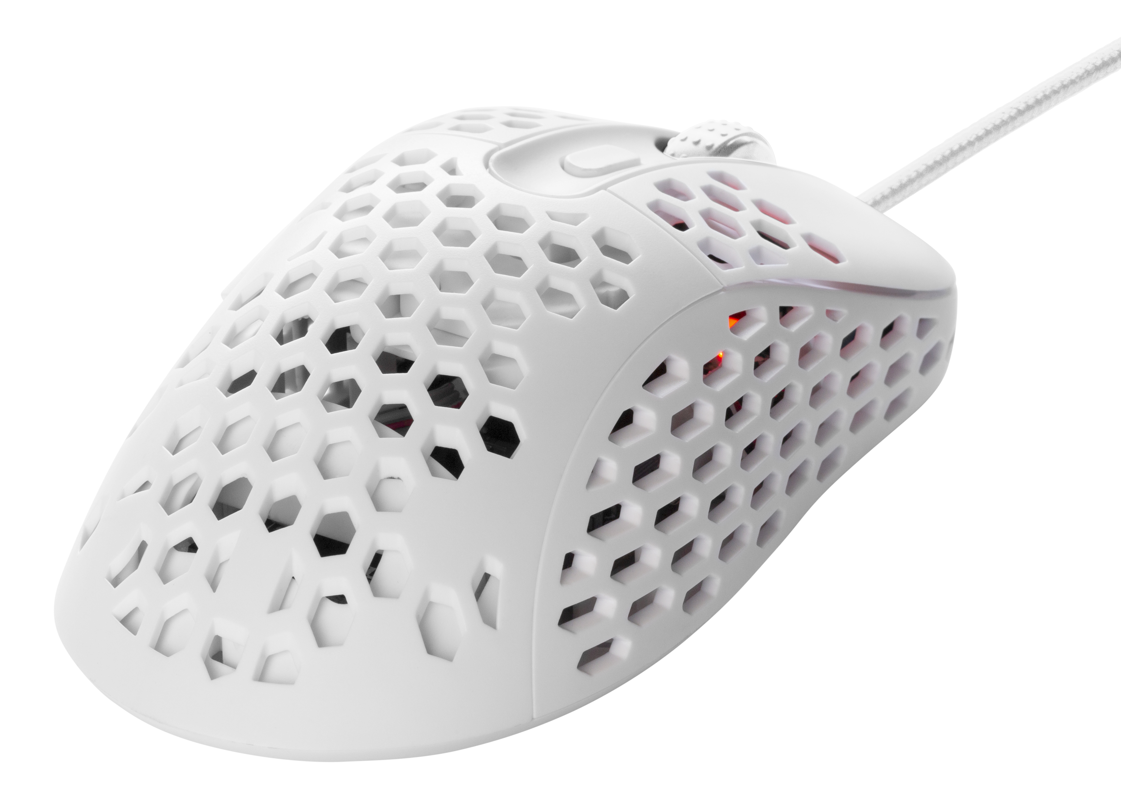 Weiße Gaming-Maus mit Wabenmuster und sichtbaren roten Lichtern.