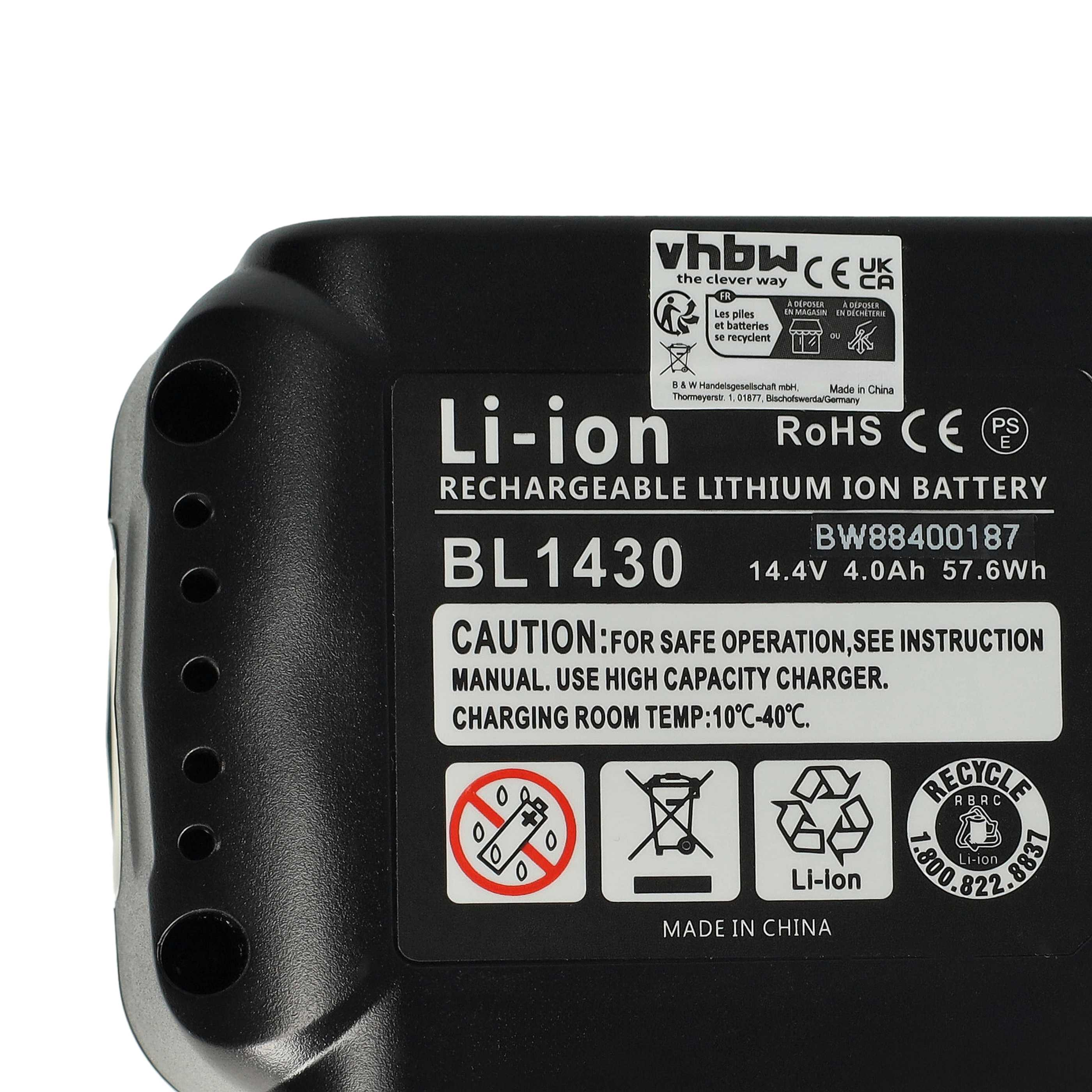Nahaufnahme einer wiederaufladbaren Lithium-Ionen-Batterie mit Warnhinweisen und Recycling-Etiketten.