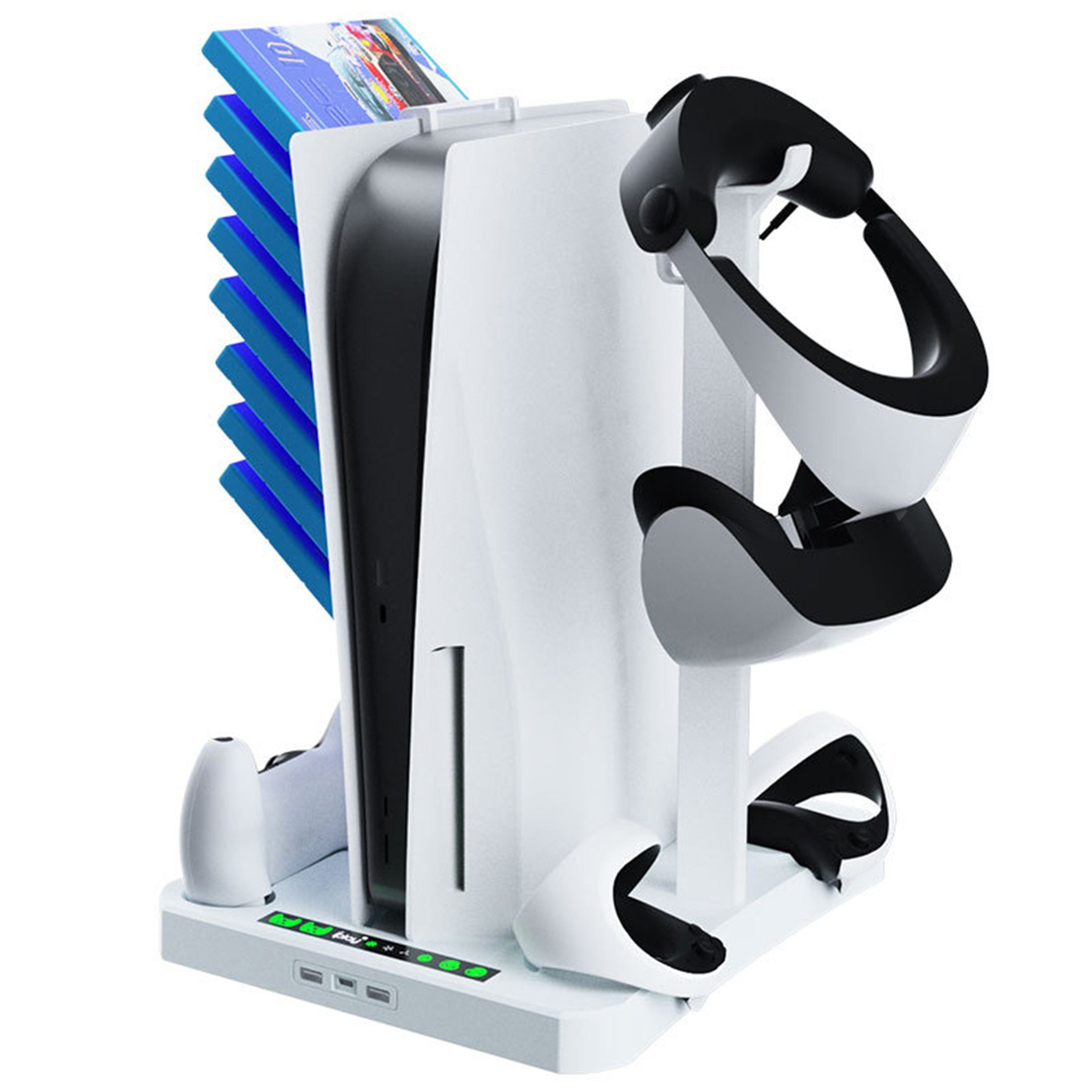 Eine weiße PlayStation 5 Konsole mit Spielkassetten und Zubehör.