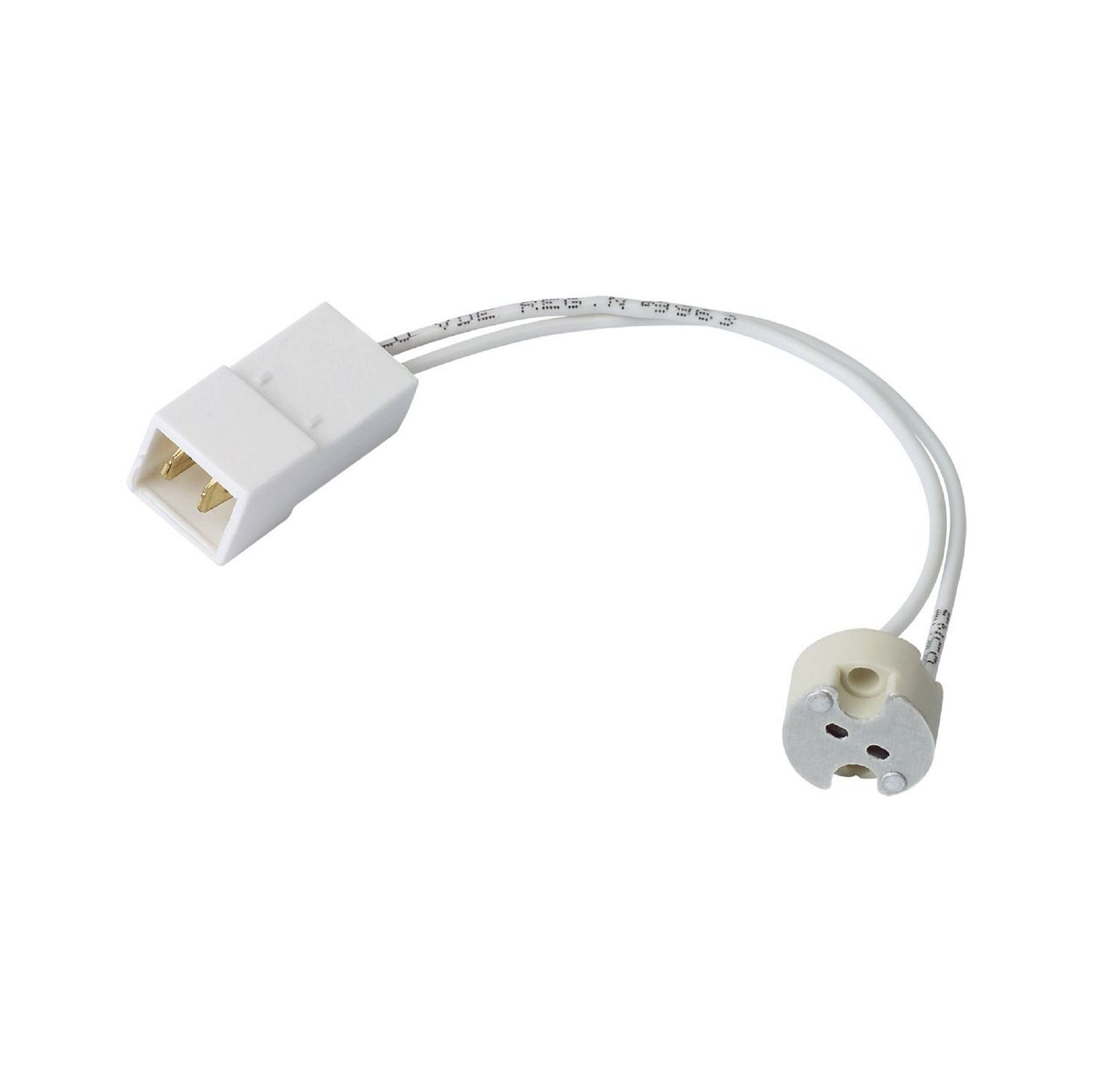 Weißer und beiger elektrischer Stecker. Ein Ende ist ein Stecker, das andere eine Buchse mit zwei Drähten.