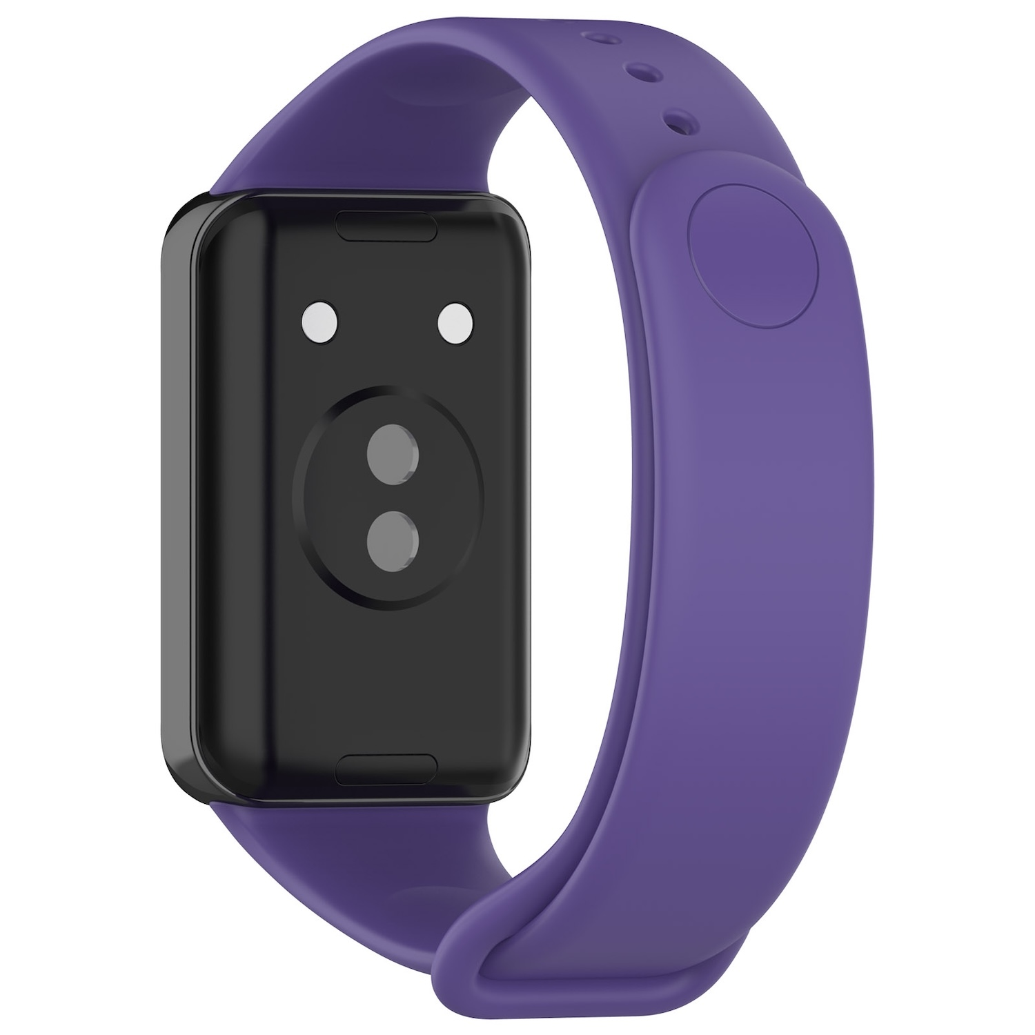 Lila Smartwatch-Armband mit schwarzem quadratischen Modul. Zwei Sensoren auf der Rückseite.