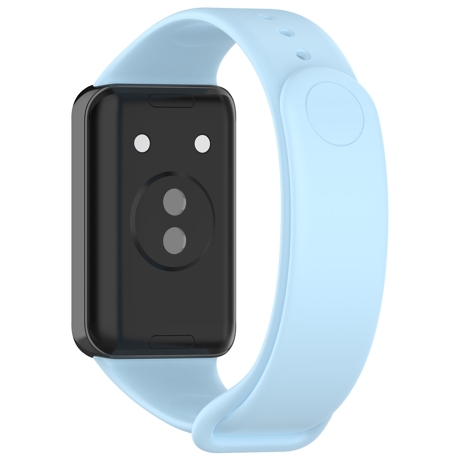 Schwarze rechteckige Smartwatch mit hellblauem Armband. Die Rückseite zeigt Sensoren.