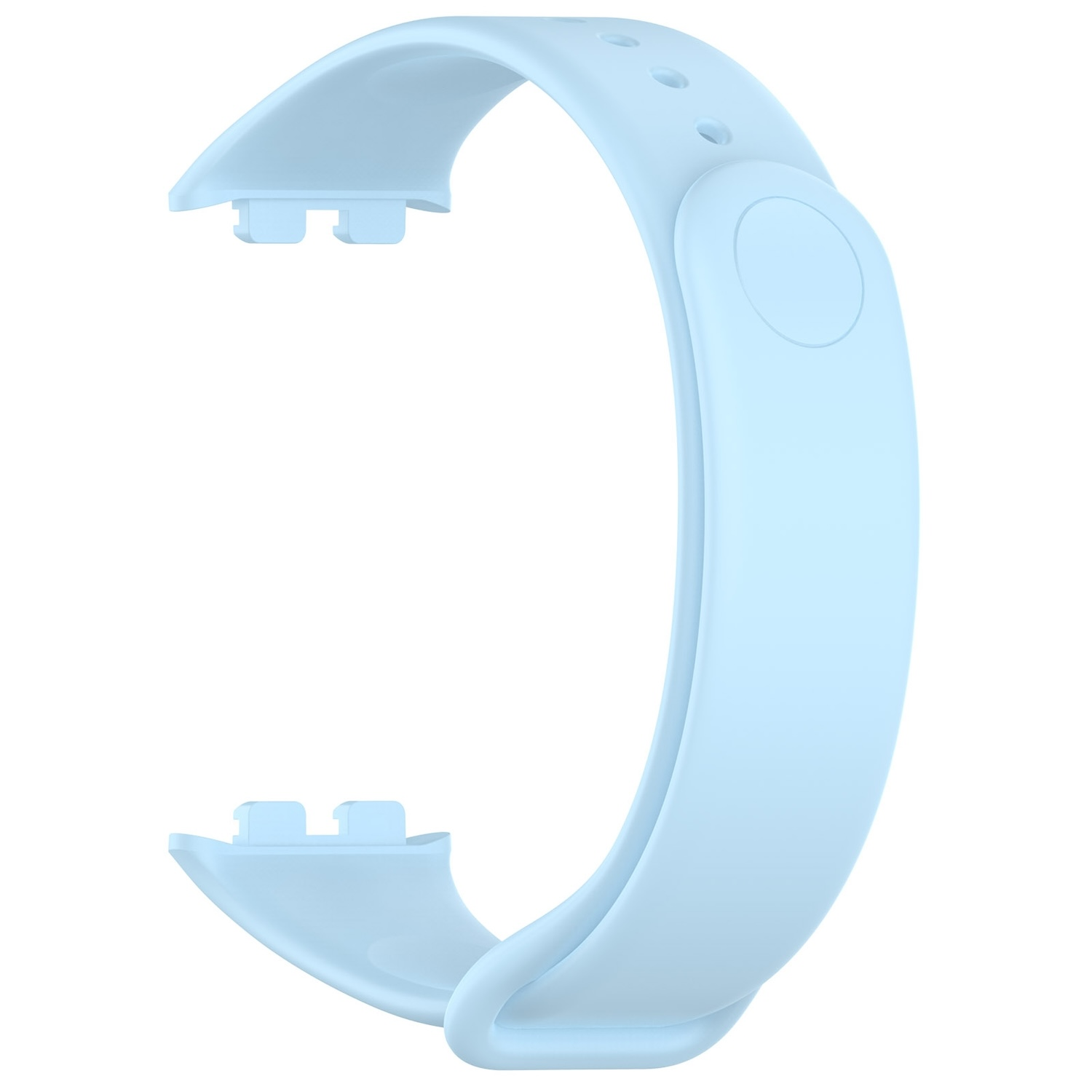 Hellblaues Uhrenarmband, das ein geschwungenes Design mit drei Löchern und einem kreisförmigen Detail zeigt.