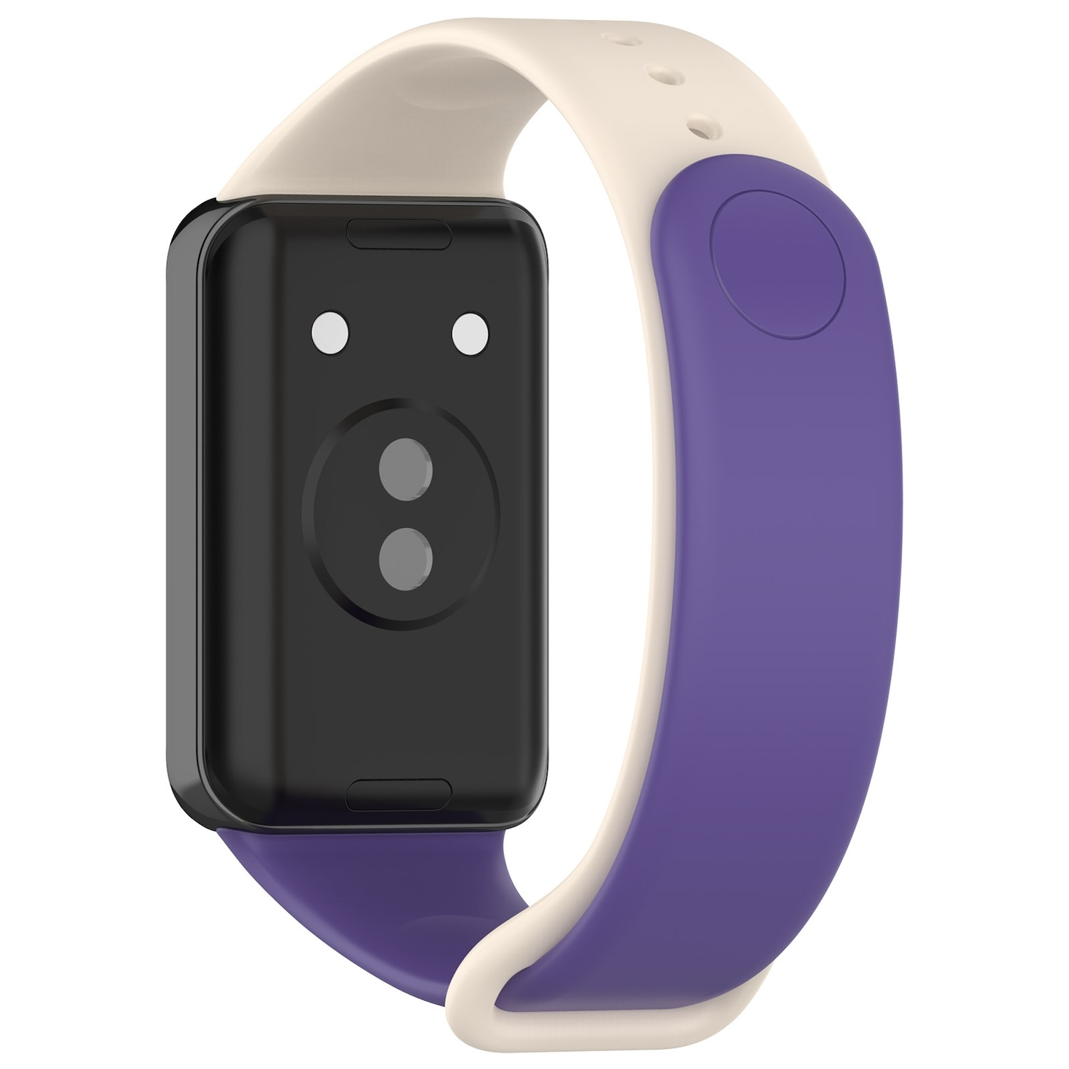 Eine schwarze Smartwatch mit einem weißen und lila Armband. Auf weißer Oberfläche.