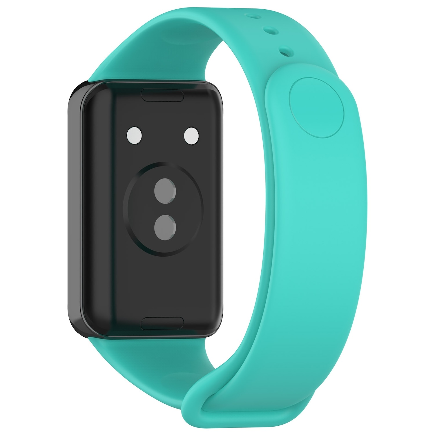 Türkisfarbene Smartwatch mit schwarzem Zifferblatt und türkisfarbenem Armband, Seitenansicht.