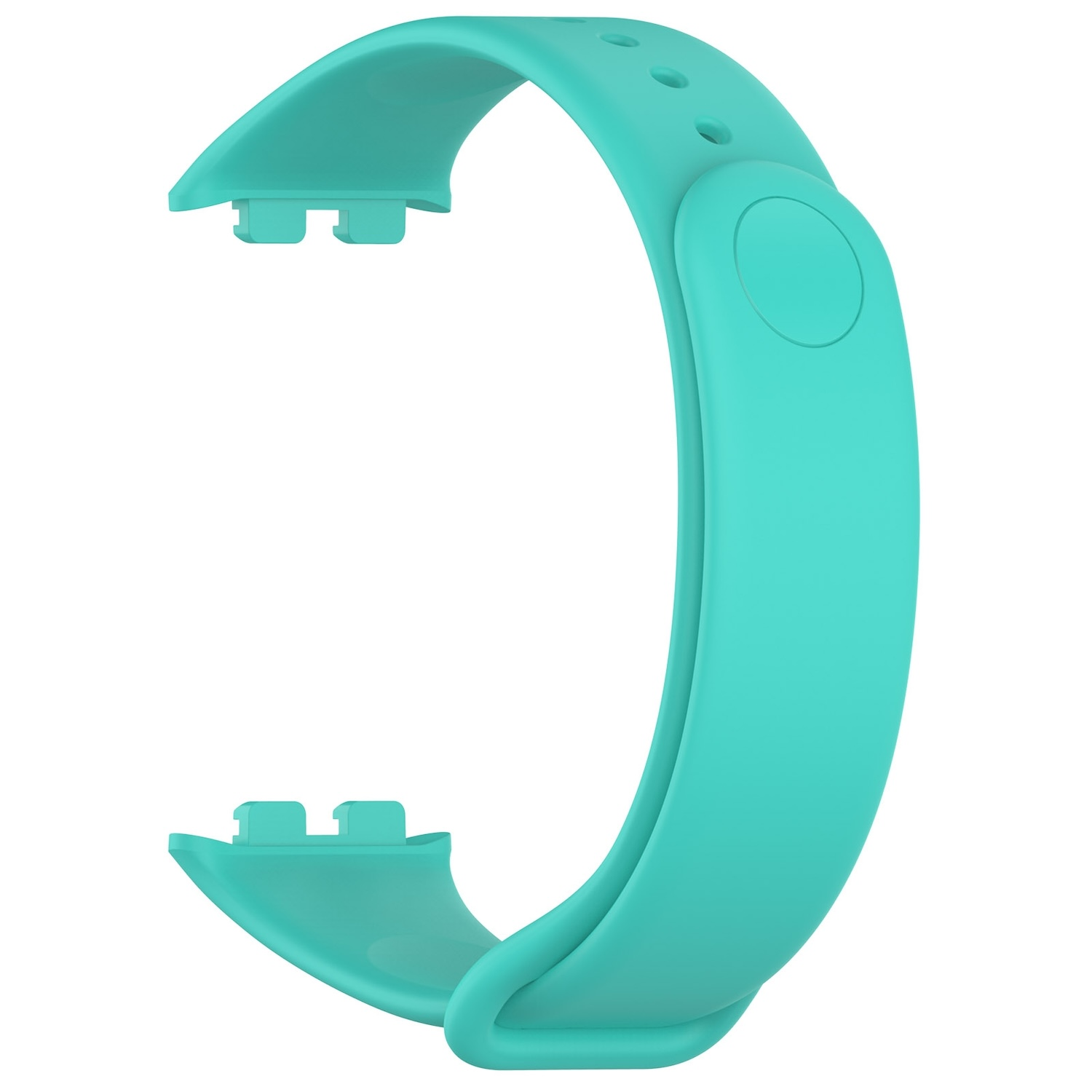 Ein gebogenes Uhrenarmband in Türkis. Das Band hat Löcher zur Verstellung und eine Schnalle.