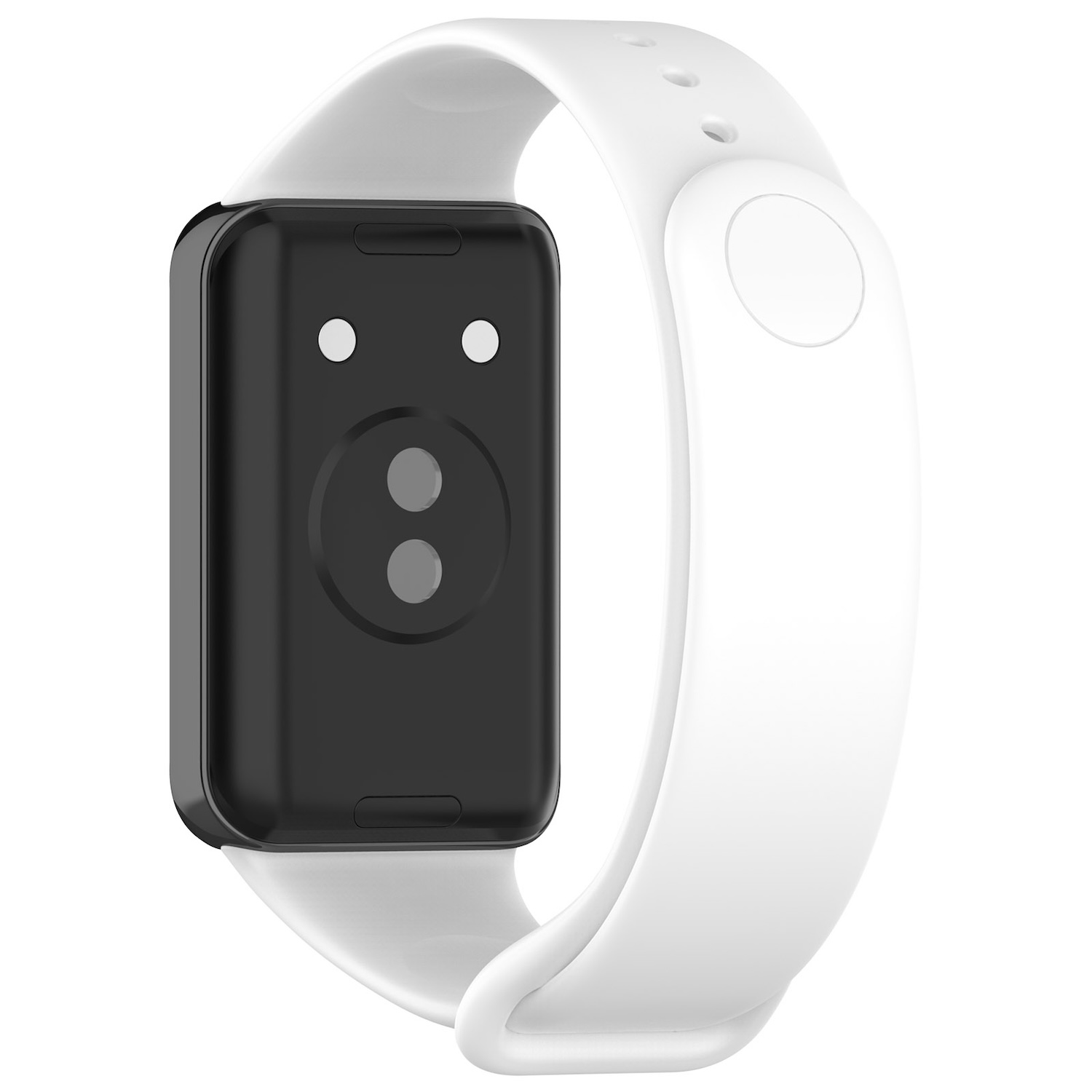 Schwarz-weiße Smartwatch mit weißem Armband.