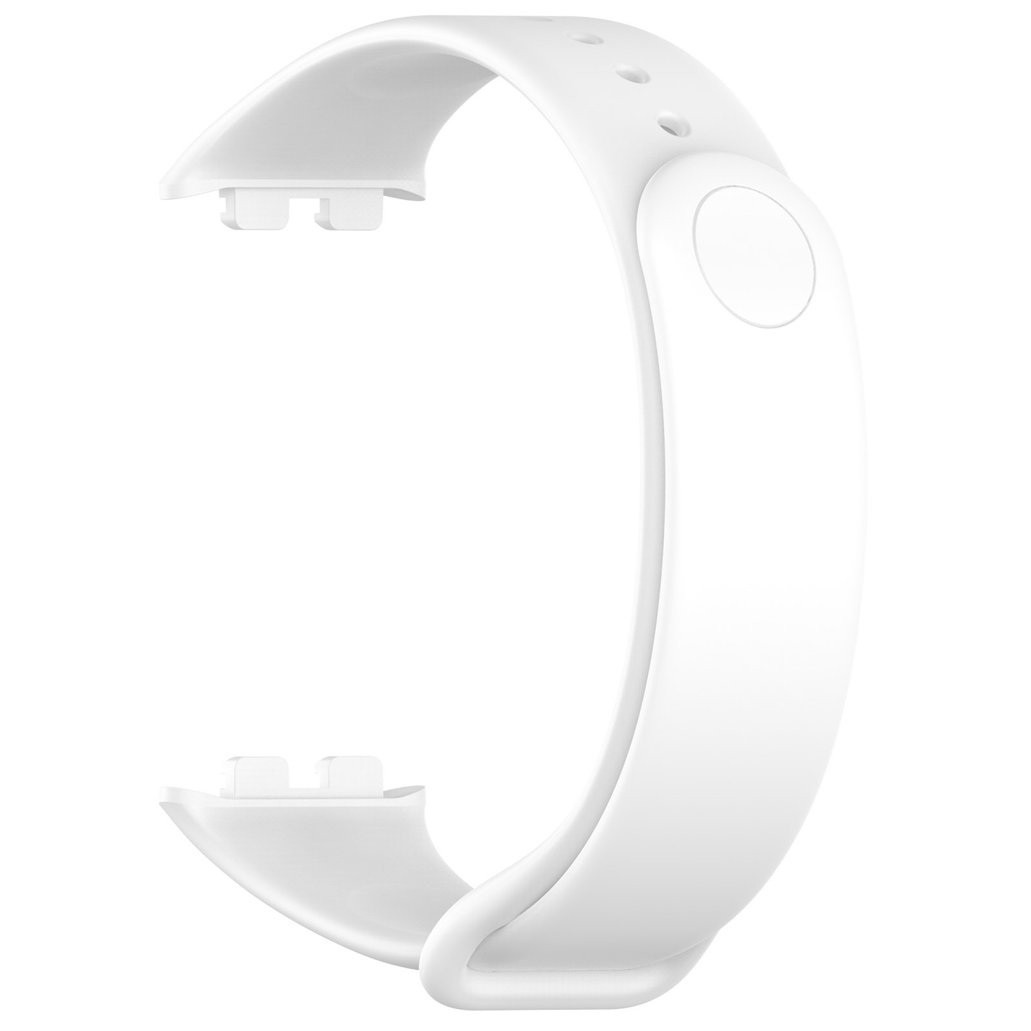 Ein weißes Smartwatch-Armband mit geschwungenem Design und einem Knopf an der Seite.