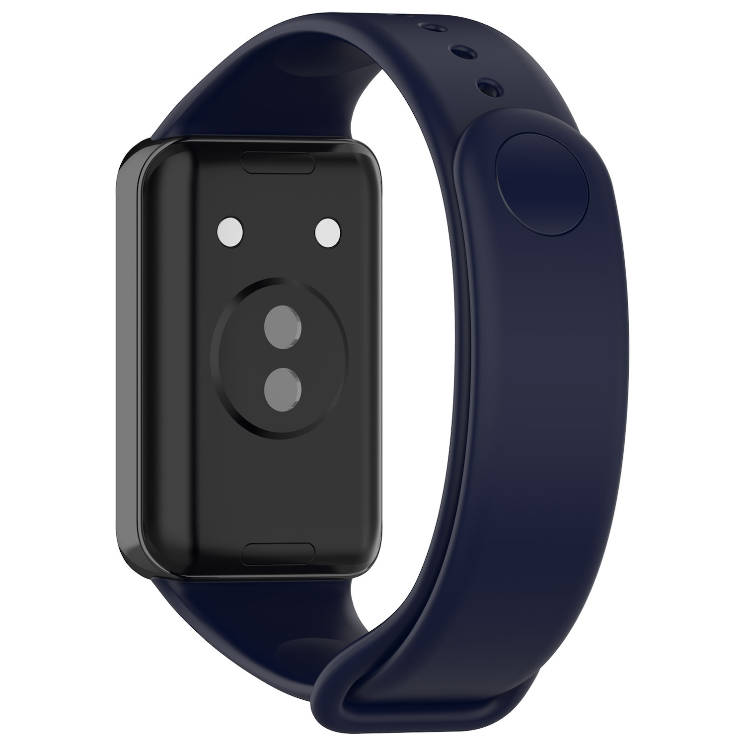 Eine dunkelblaue Smartwatch mit schwarzem Gehäuse und dunkelblauem Armband.