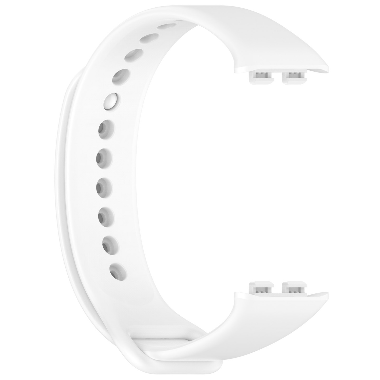 Ein weißes, gebogenes Fitness-Tracker-Armband mit mehreren Löchern und zwei Enden.