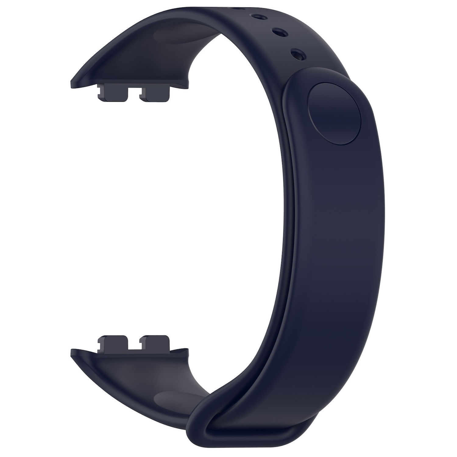 Ein dunkelblaues Uhrenarmband. Es hat ein abgerundetes Design und zwei Befestigungspunkte.