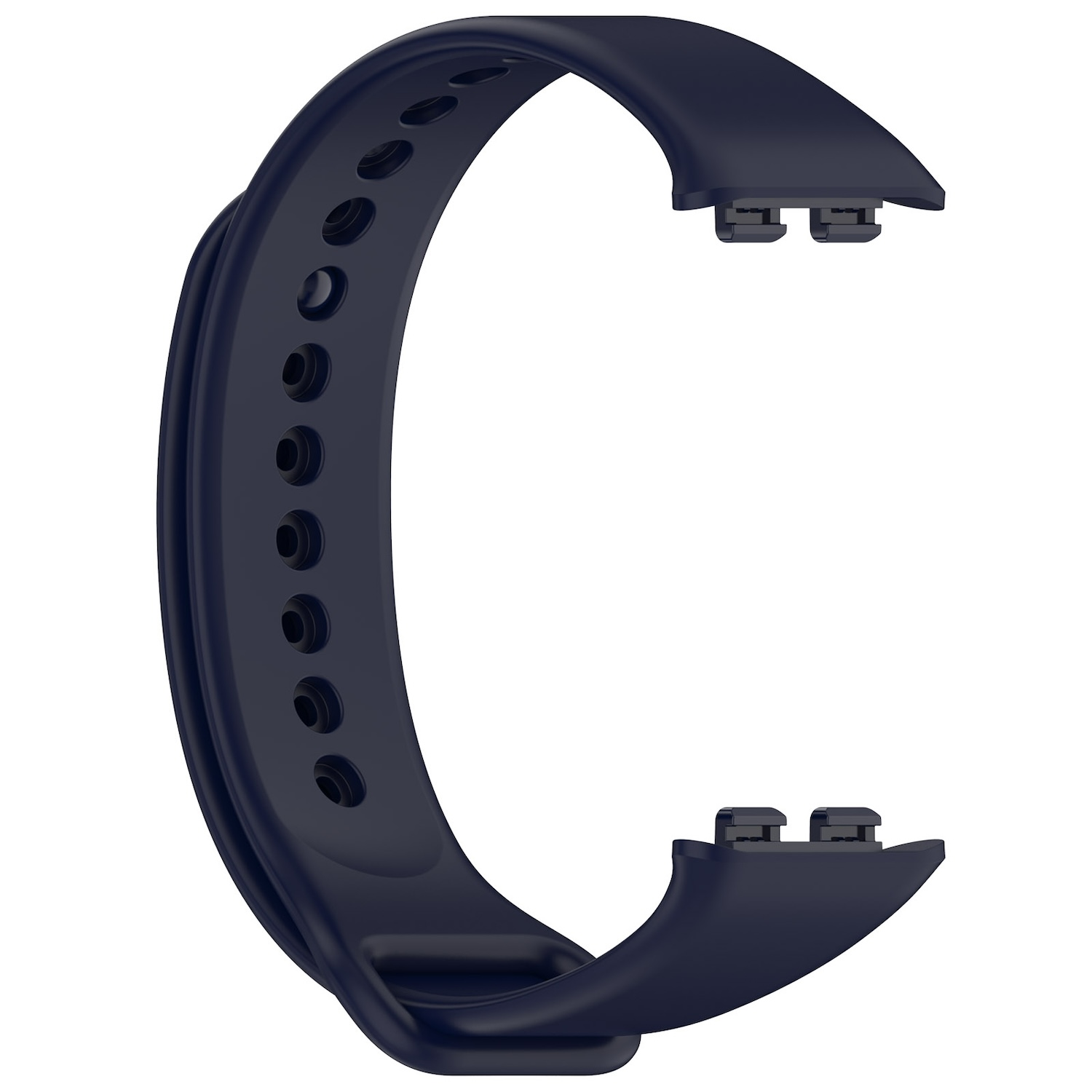 Ein dunkelblaues, gebogenes Band, wahrscheinlich ein Armband für Smartwatch oder Fitnesstracker.