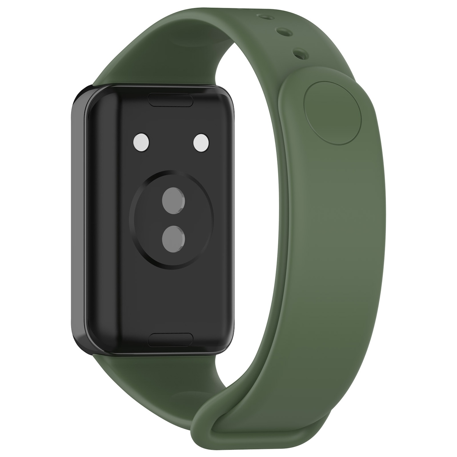 Smartwatch mit schwarzem Bildschirm und grünem Armband. Die Uhr ist abgewinkelt.