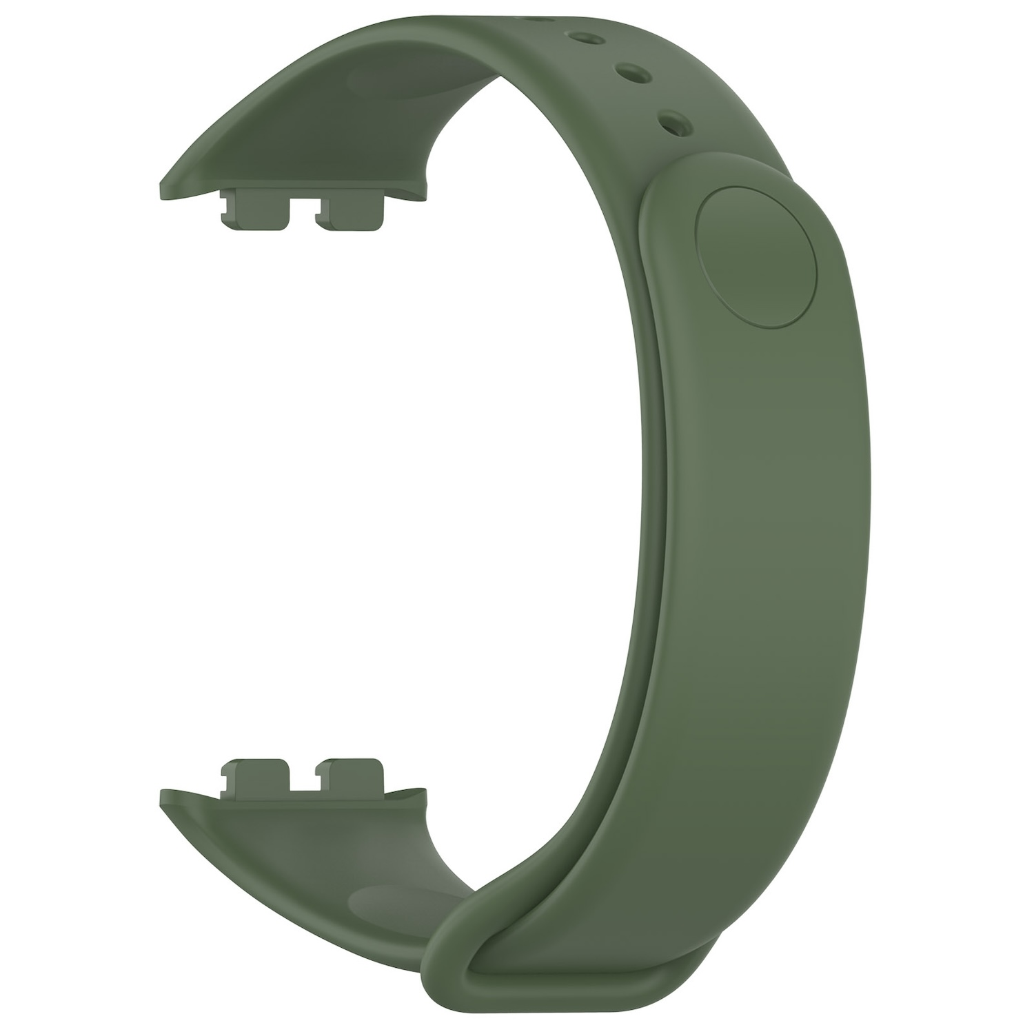 Olivgrünes Uhrenarmband. Verfügt über ein gebogenes Design mit Löchern und einem Verschluss.