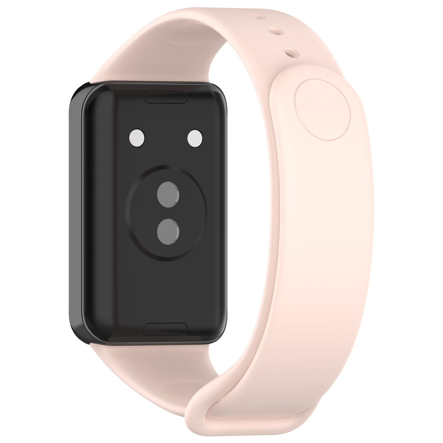 Eine rosa Smartwatch mit einem schwarzen rechteckigen Bildschirm und einem rosa Armband.
