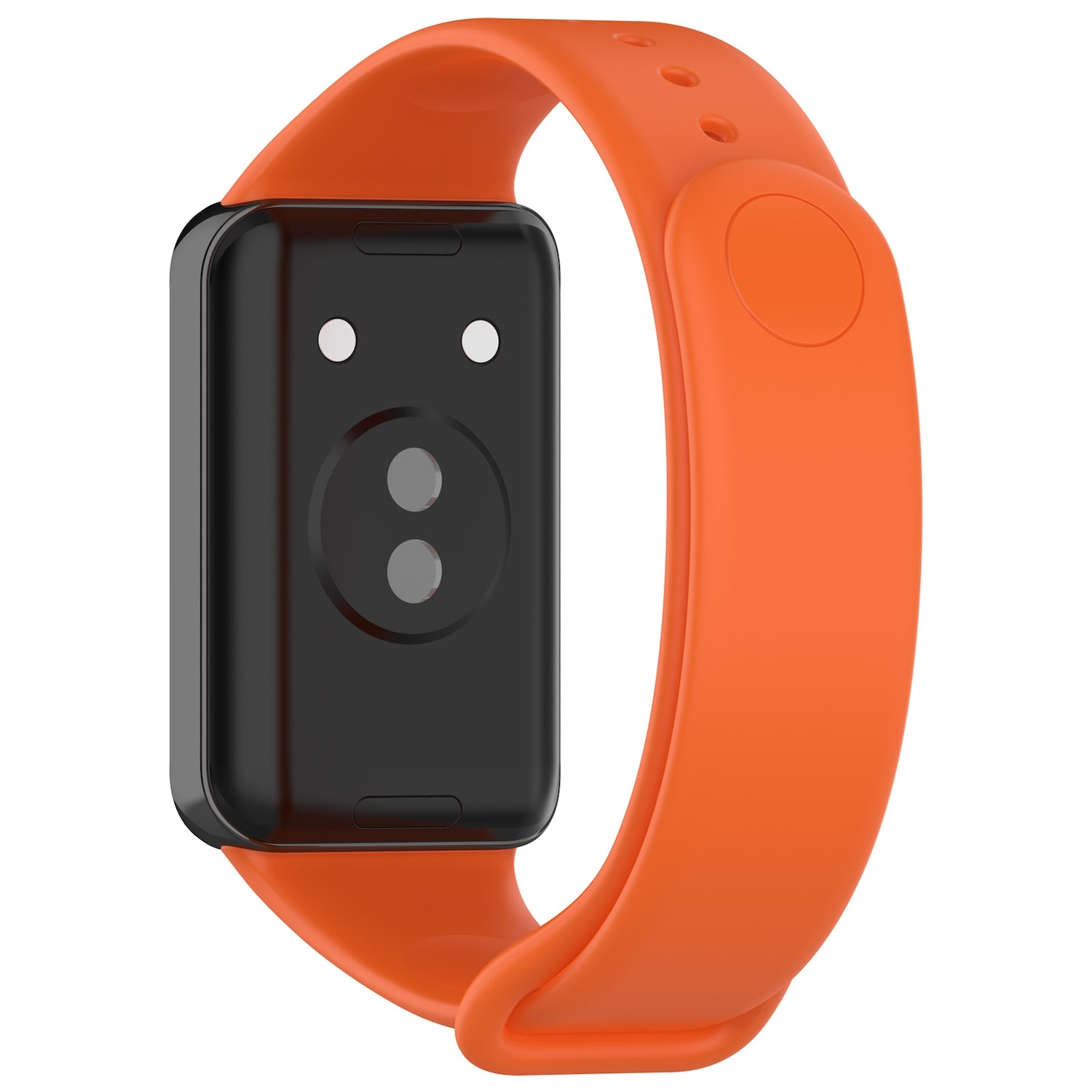 Orange Smartwatch mit schwarzem Bildschirm und orangefarbenem Armband, Rückseite mit Sensoren.