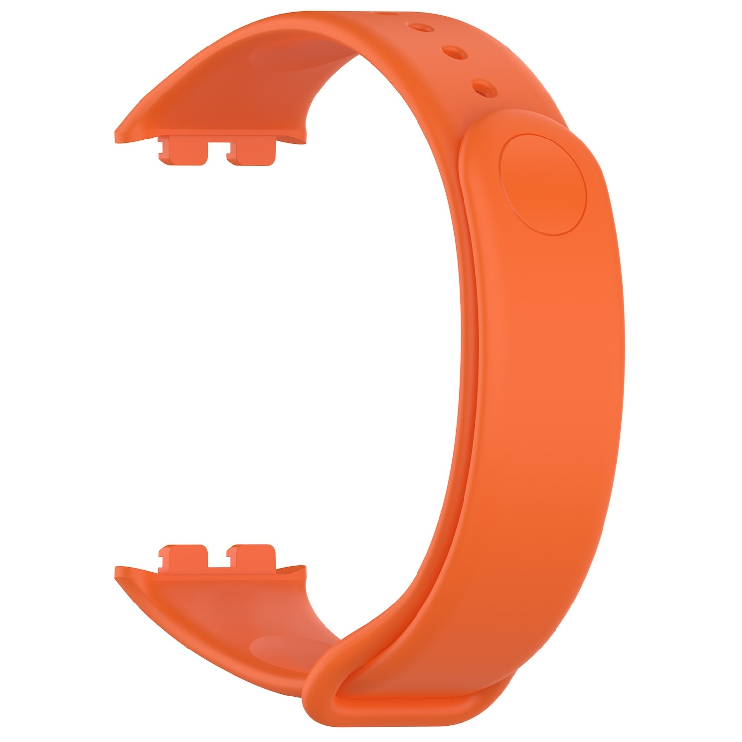 Ein orangefarbenes Uhrenarmband mit abgerundetem Design.