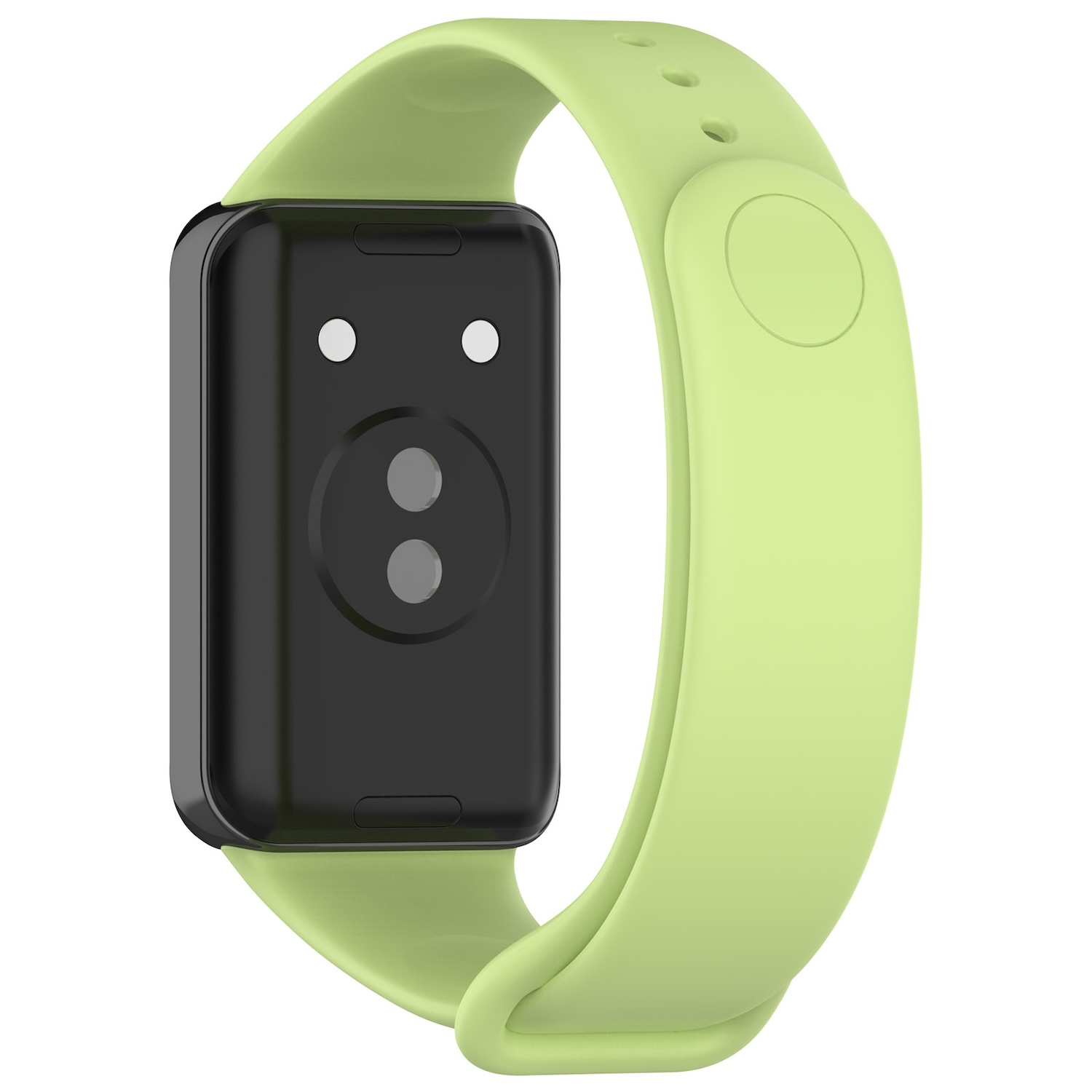 Grünes Smartwatch-Armband, schwarzes Zifferblatt mit Sensoren.
