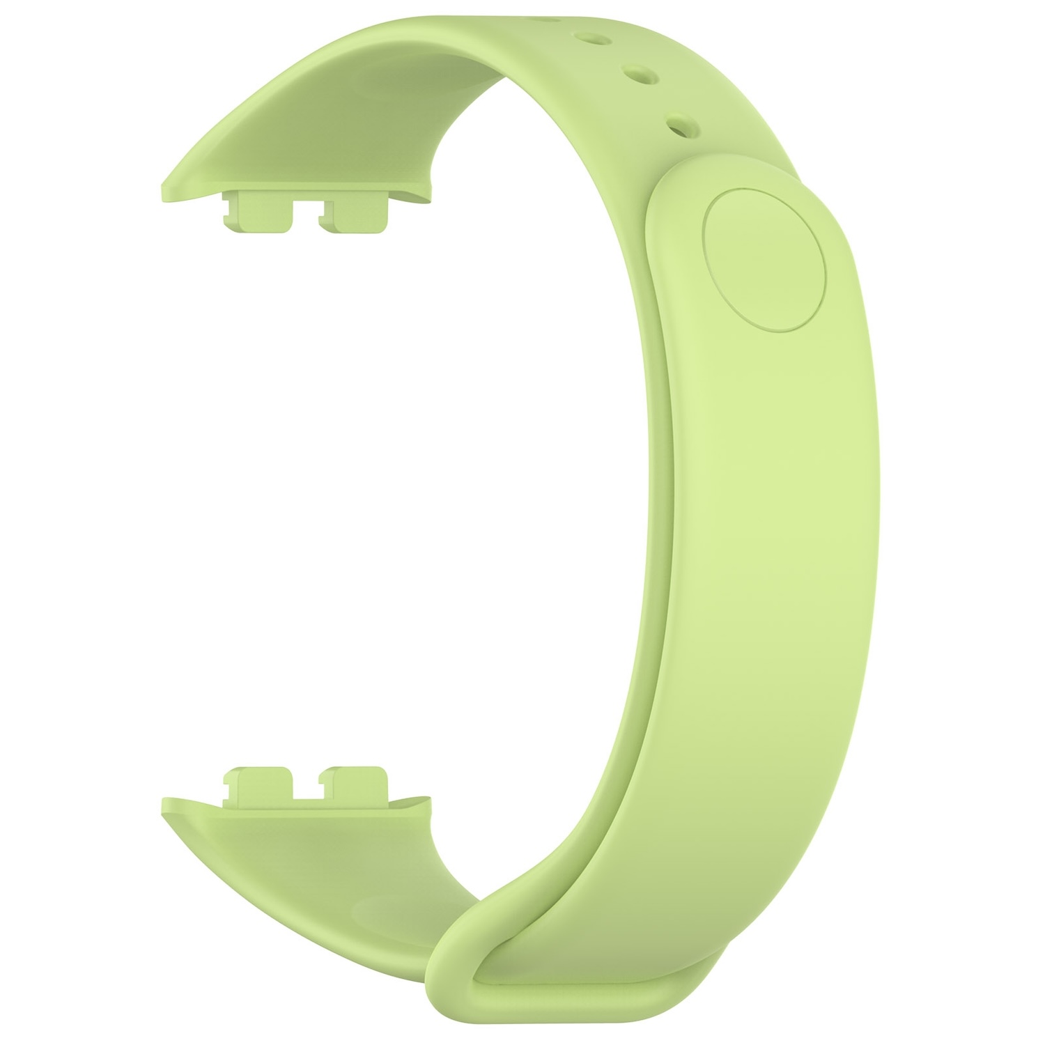Ein hellgrünes Uhrenarmband. Es hat eine gebogene Form mit einem Ende zur Befestigung.