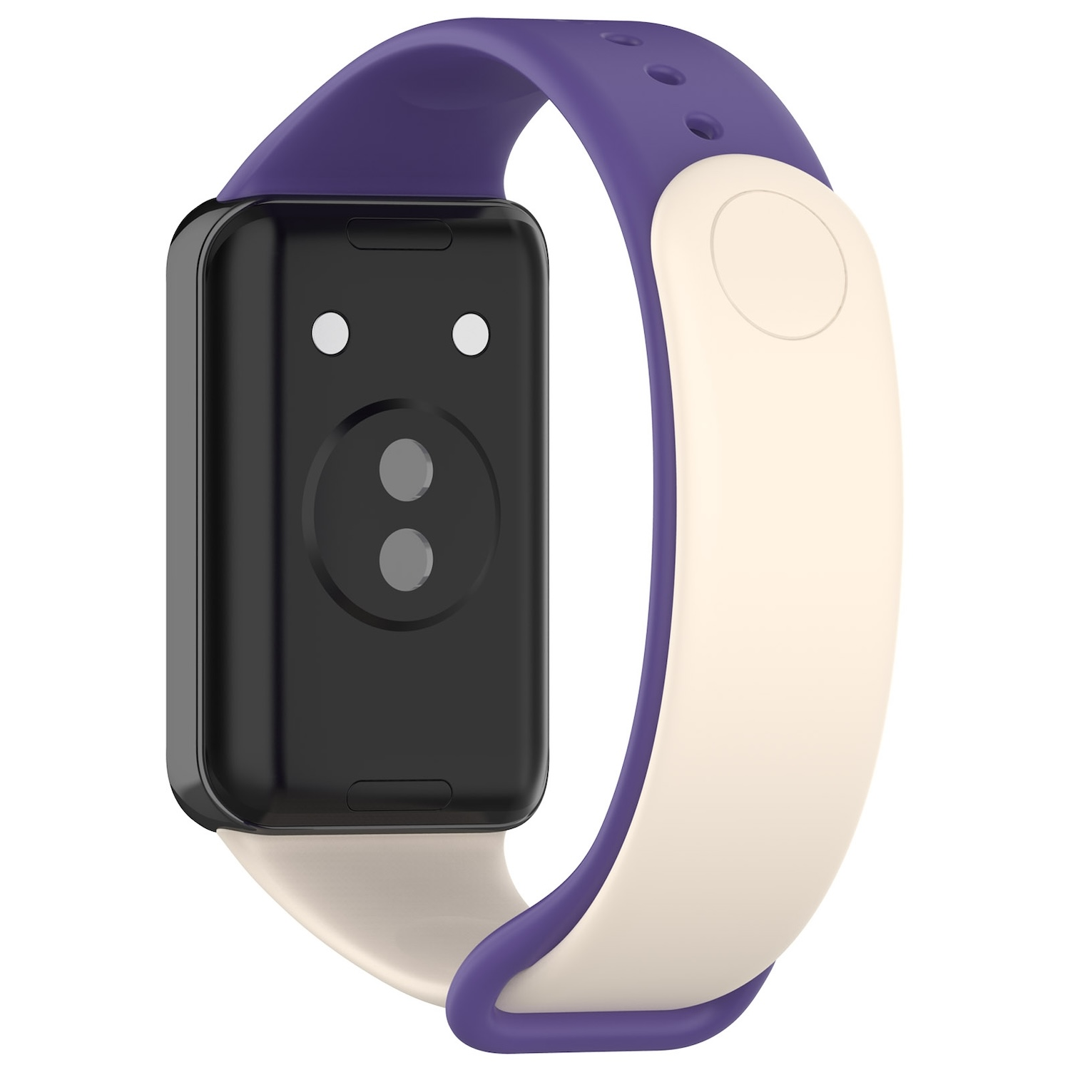 Smartwatch mit schwarzem, rechteckigem Zifferblatt, lila und cremefarbenem Armband.