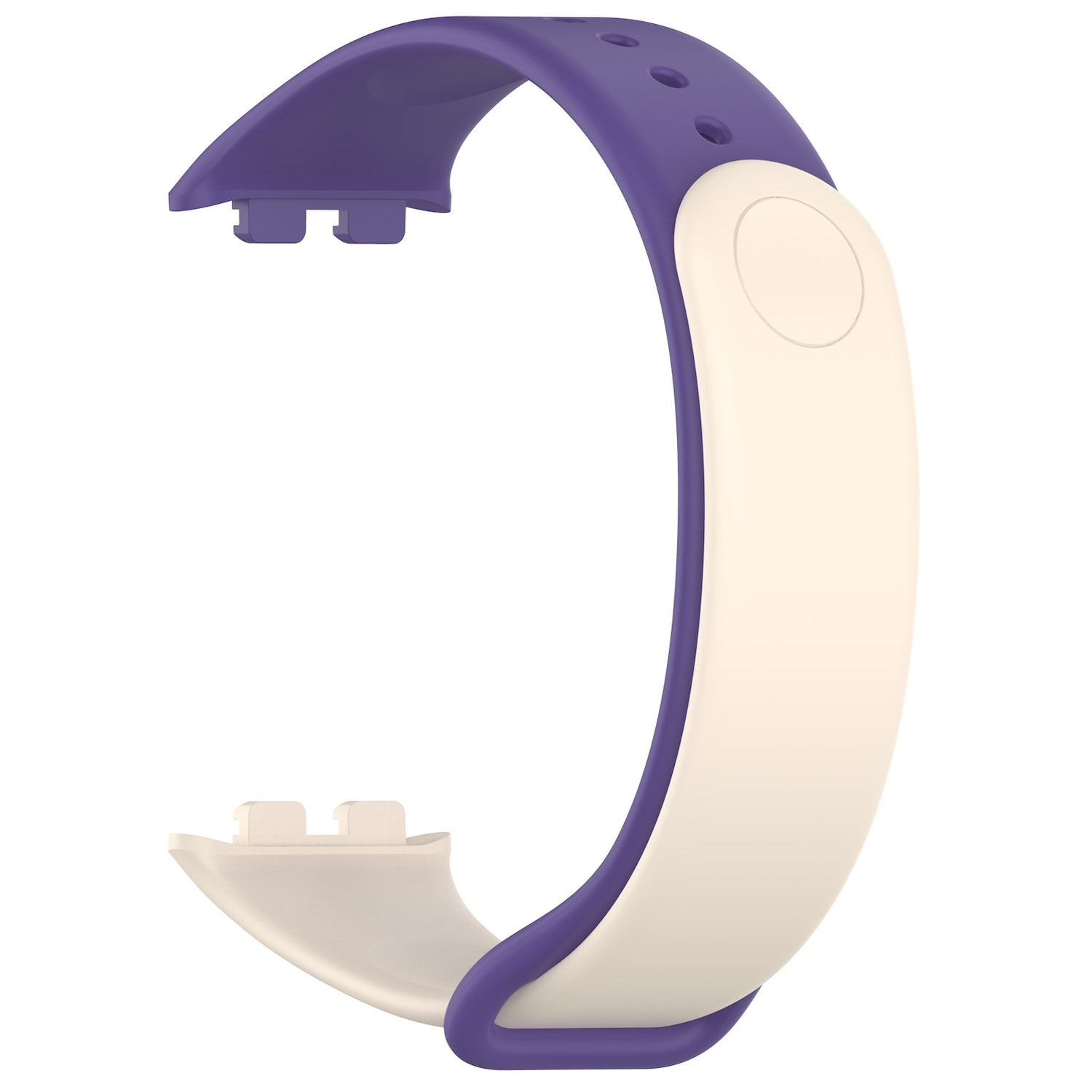 Lila und weißes Armband. Es ist gebogen und hat Löcher und einen Knopf.