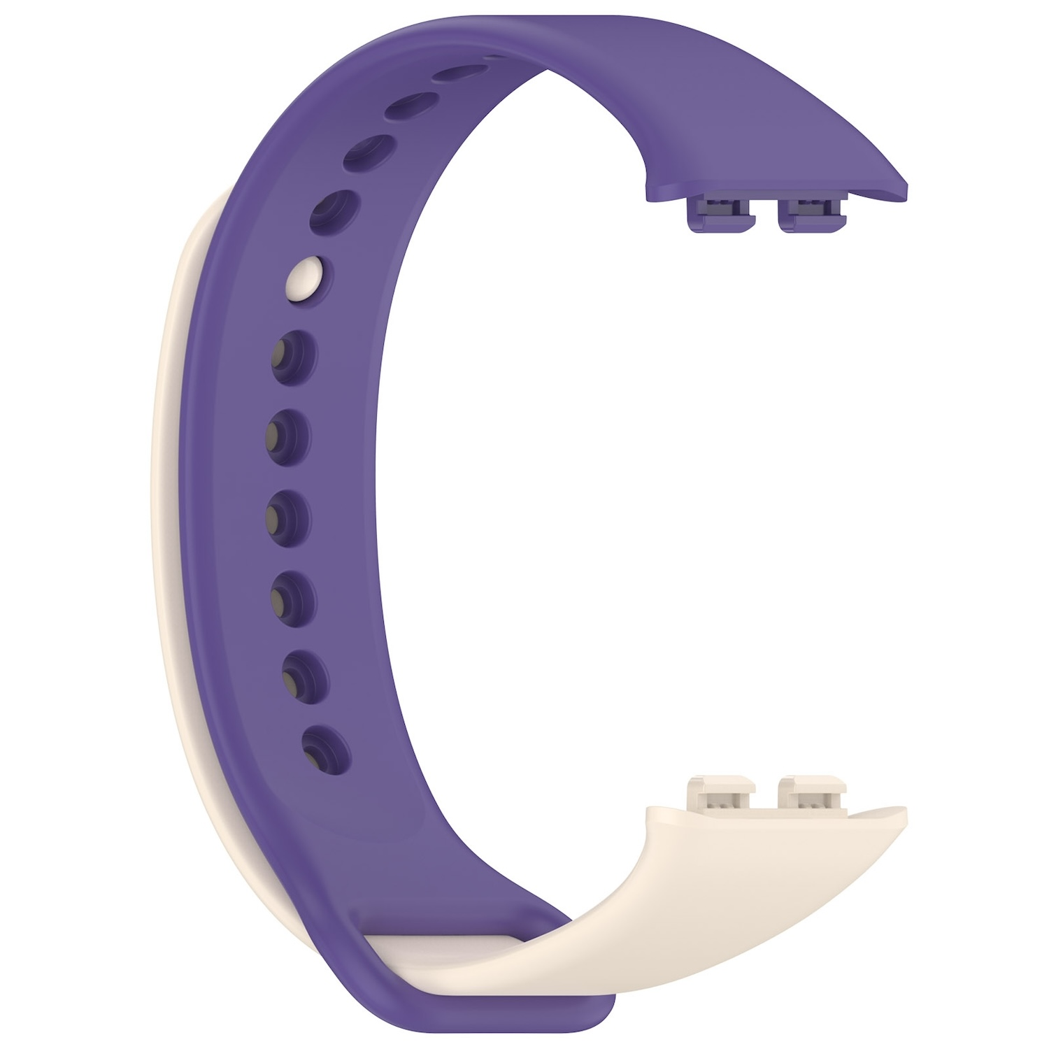 Lila-weißes Fitness-Tracker-Armband. Das Armband ist C-förmig, mit zwei Anschlüssen an jedem Ende.