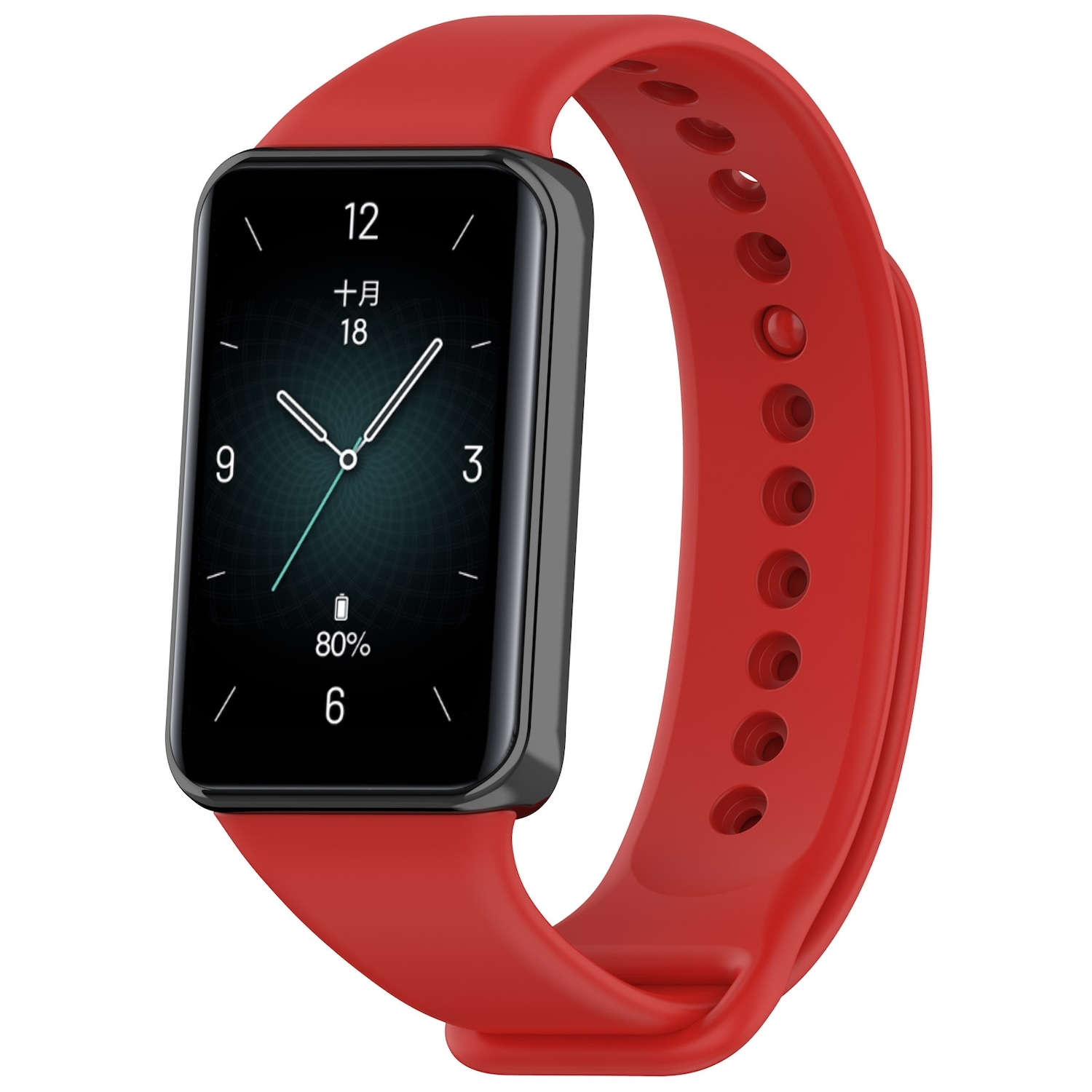 Eine rote Smartwatch mit schwarzem Bildschirm zeigt Zeit und Batterieprozentsatz.