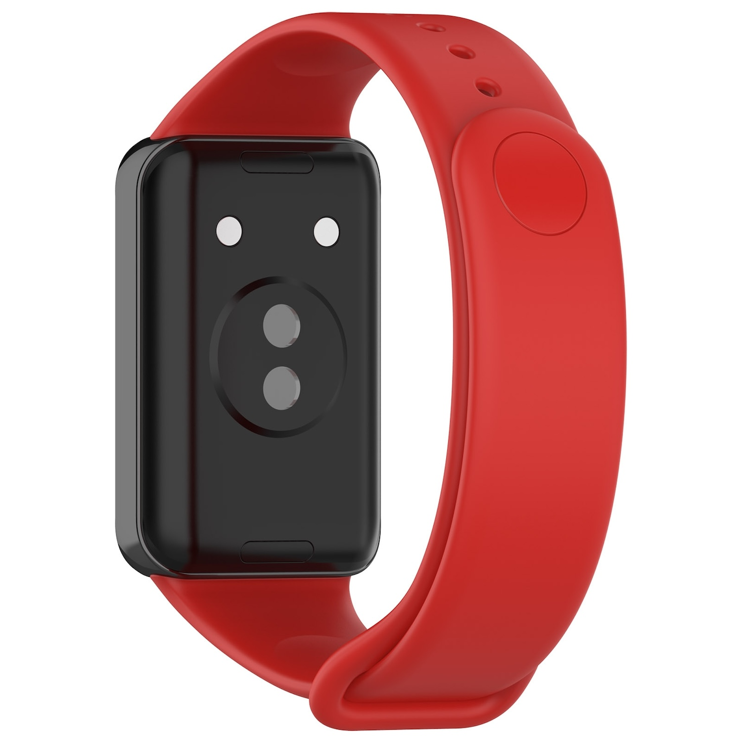 Rotes Uhrenarmband mit schwarzer Uhrkomponente, gebogen und verbunden.