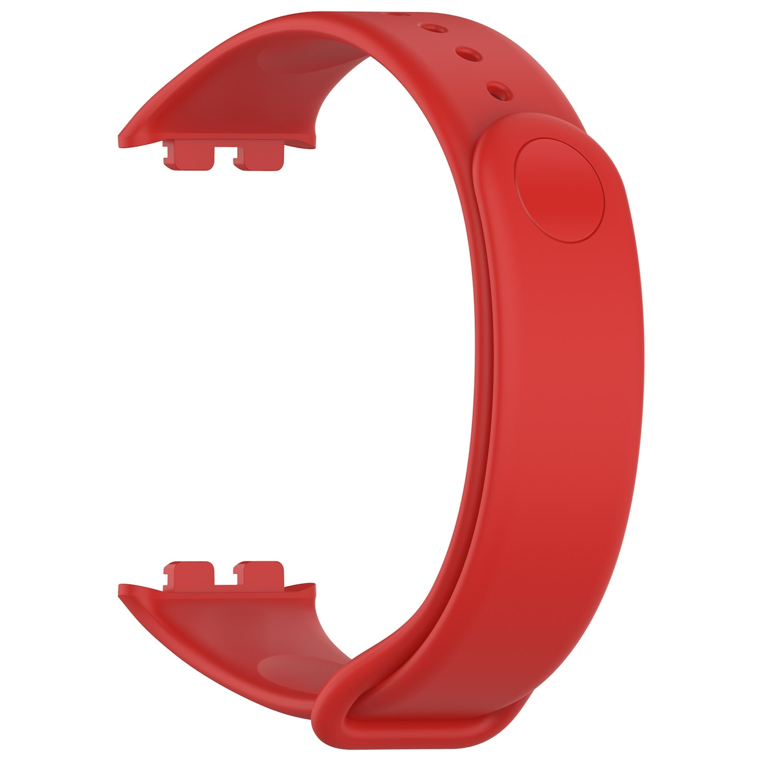 Ein rotes Smartwatch-Armband mit abgerundeter Form und Löchern zur Anpassung.