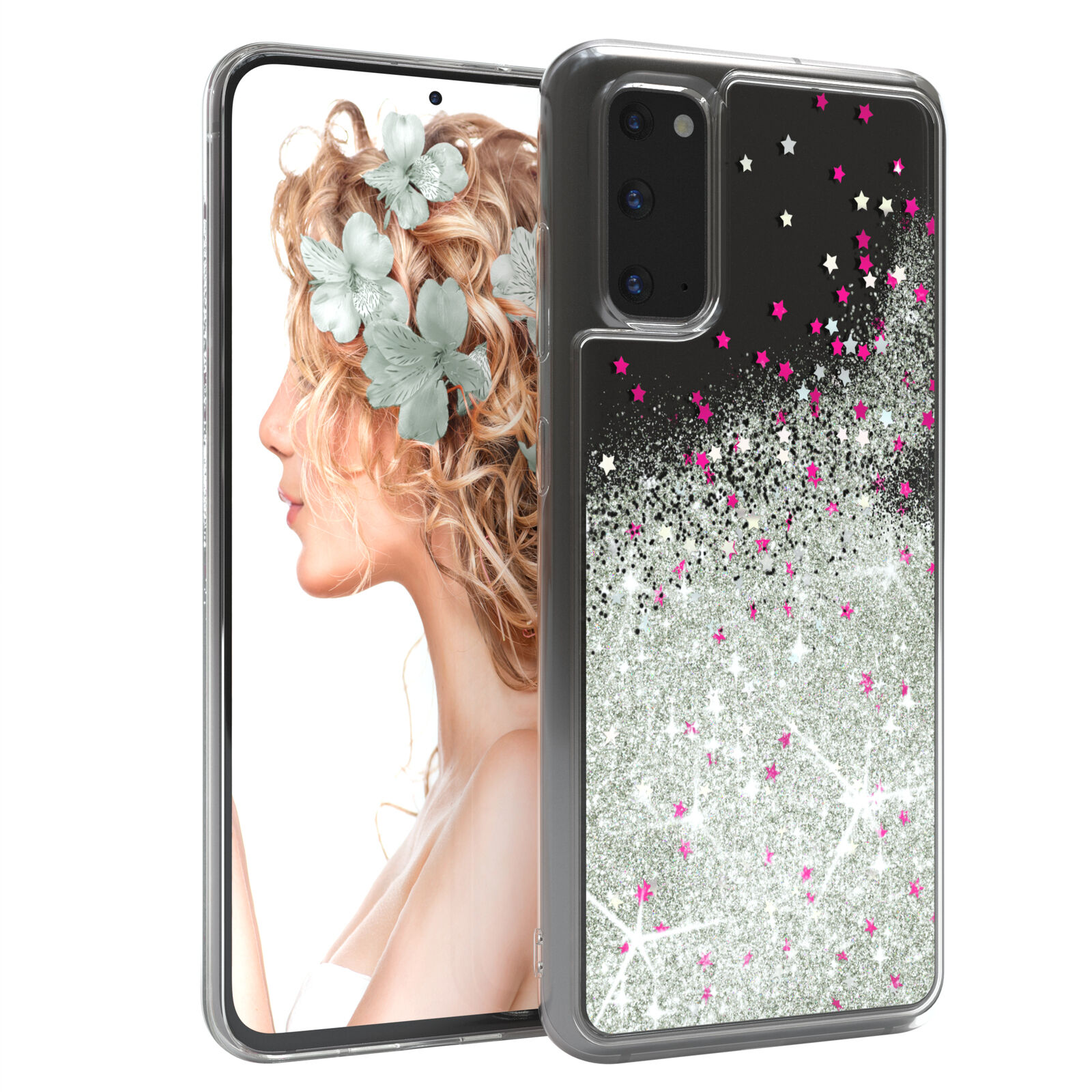 Ein Telefon mit Hülle. Die Hülle hat ein funkelndes Design mit rosa Sternen und silbernem Hintergrund.