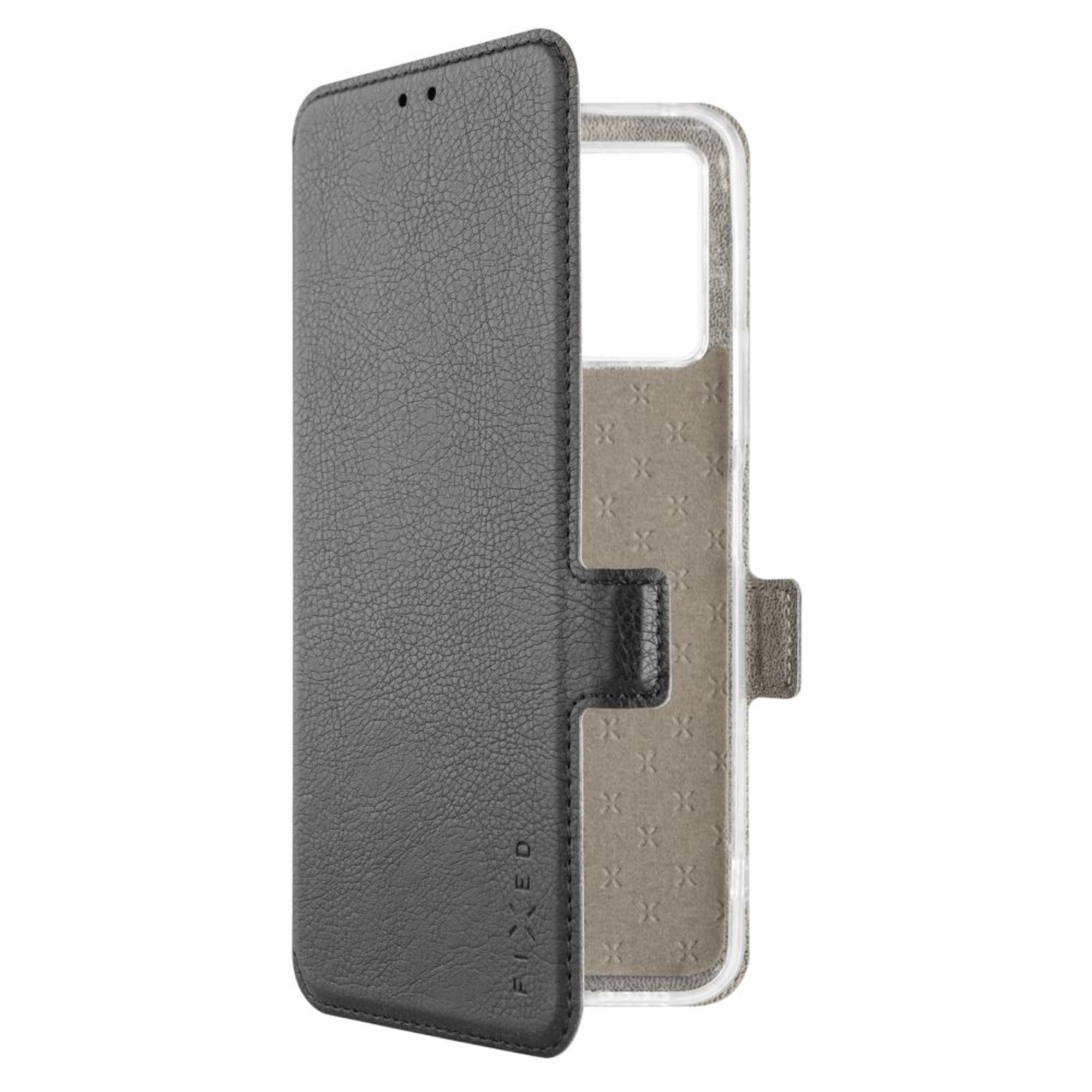Eine schwarze Handyhülle, geöffnet, das Telefon im Inneren zeigend.