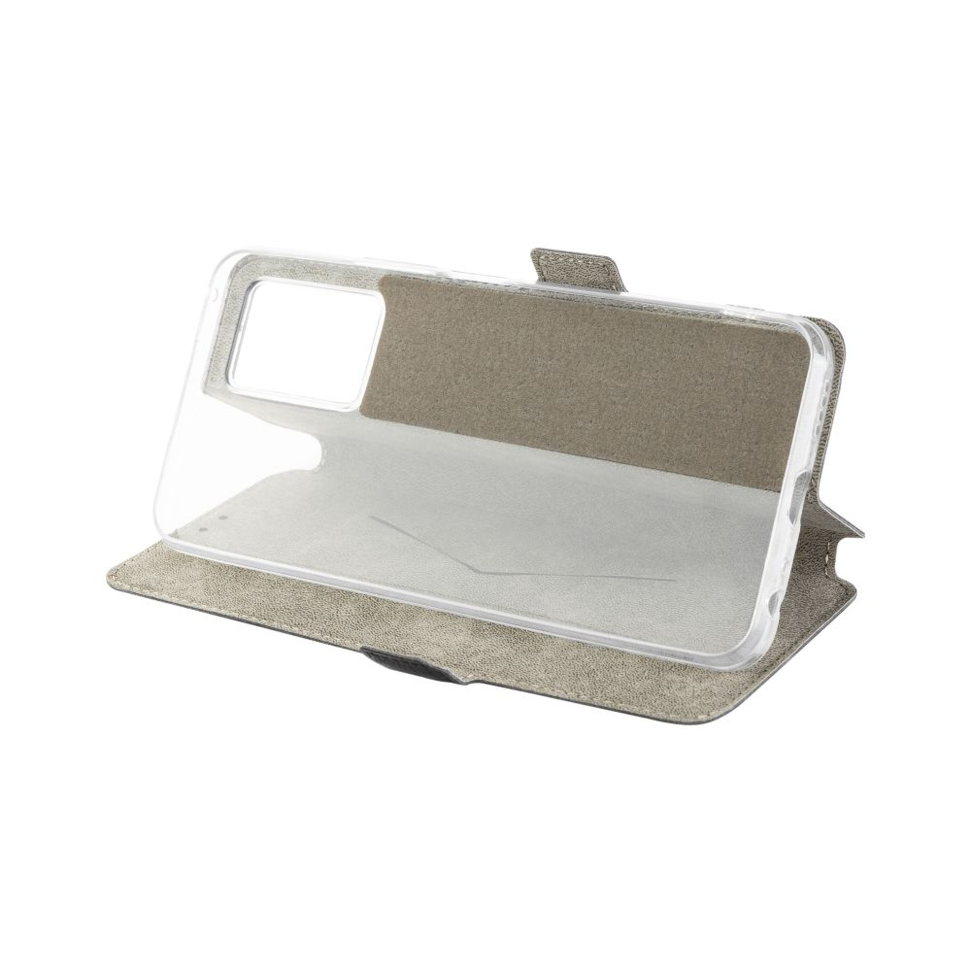 Transparente Handyhülle mit Telefon darin, in einer grauen, offenen Brieftaschenhülle.