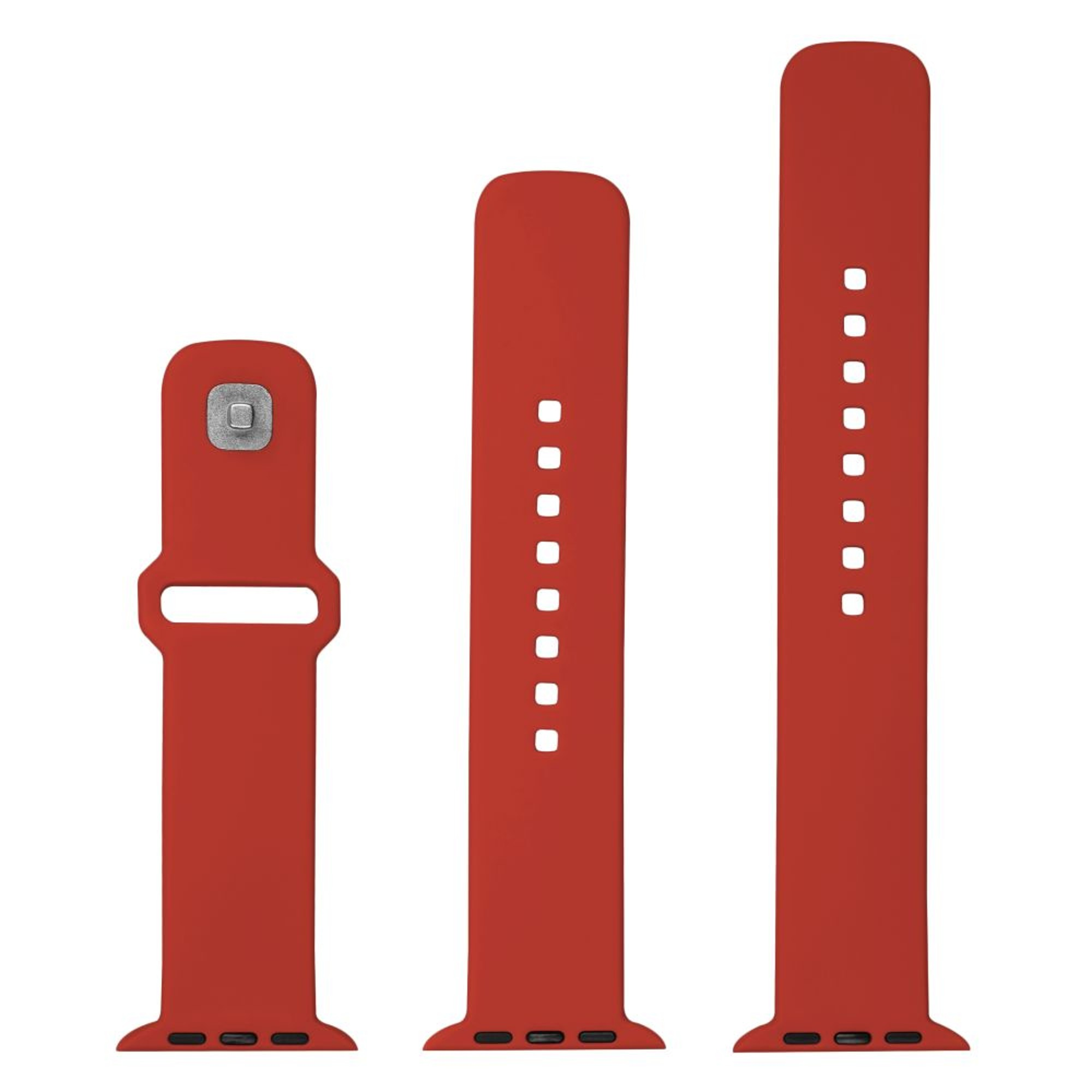 Drei rote Uhrenarmbänder auf weißem Hintergrund.