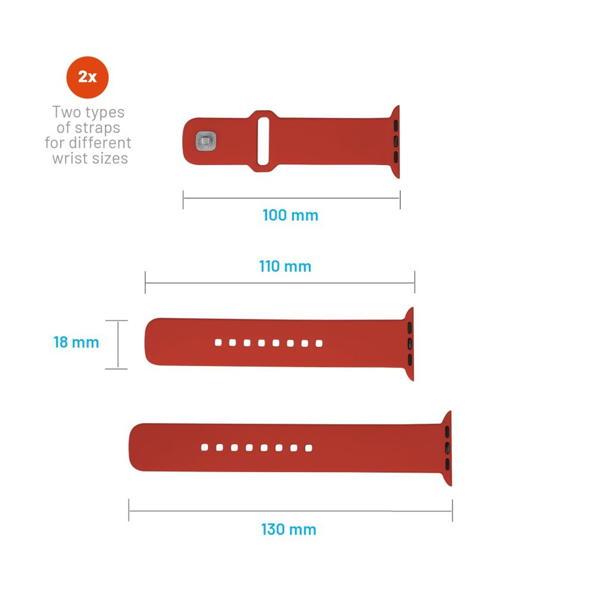 Drei rote Uhrenarmbänder in verschiedenen Längen. Sie zeigen verschiedene Größen für verschiedene Handgelenke.