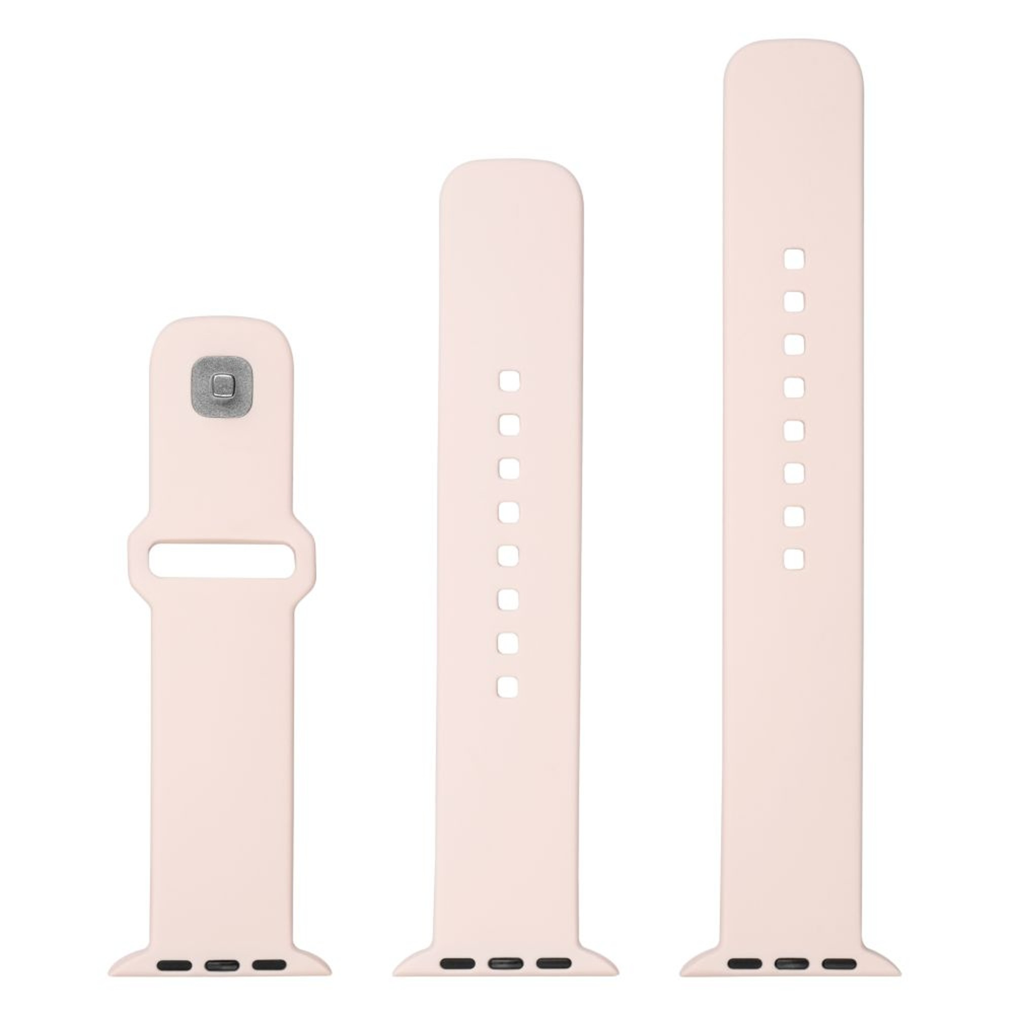 Drei hellrosa Apple Watch-Armbänder in einer Reihe vor weißem Hintergrund.