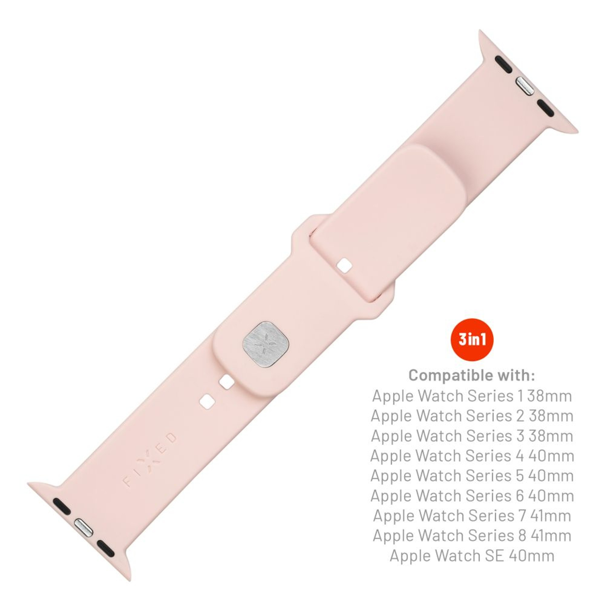 Ein hellrosa Apple Watch Armband mit dem Text "FIXED" und Kompatibilitätsinformationen.