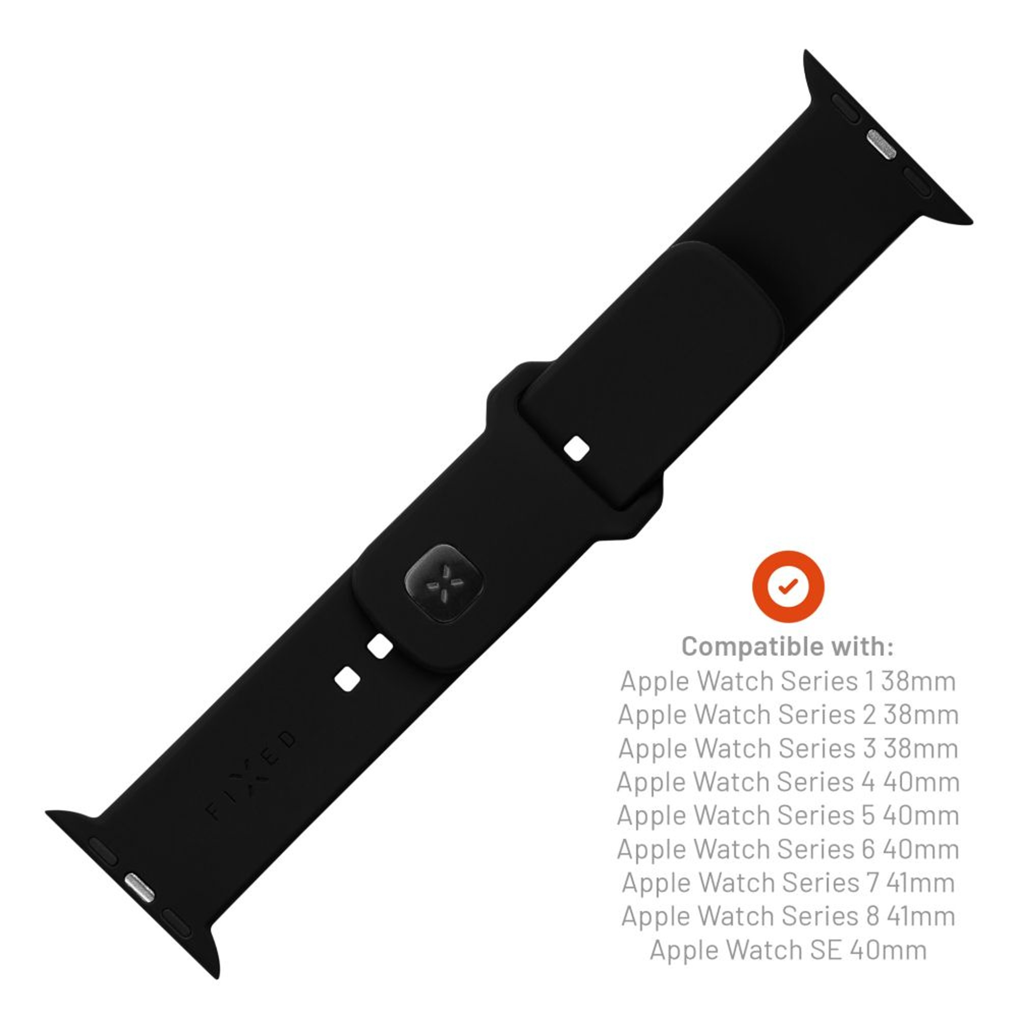 Schwarzes Apple Watch-Armband mit Kompatibilitätsliste für verschiedene Apple Watch-Serien.