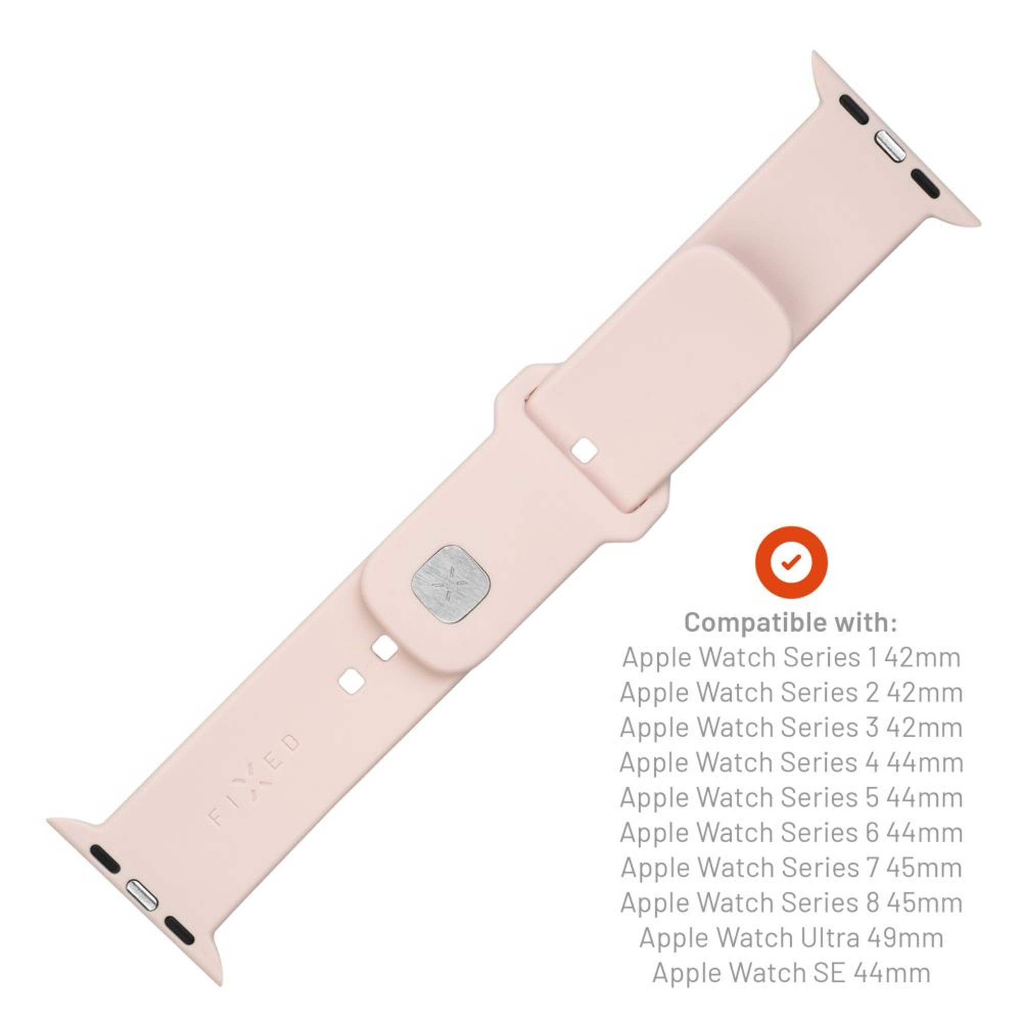 Rosa Uhrenarmband mit Schnalle, Text zeigt Kompatibilität mit verschiedenen Apple Watch Modellen.