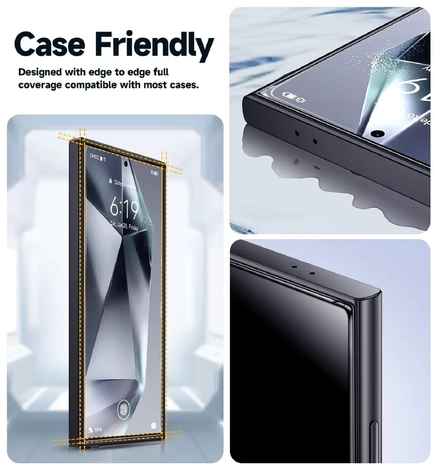 Handyhülle mit Telefon. Text: 'Case Friendly'. Der Bildschirm des Telefons zeigt die Uhrzeit.