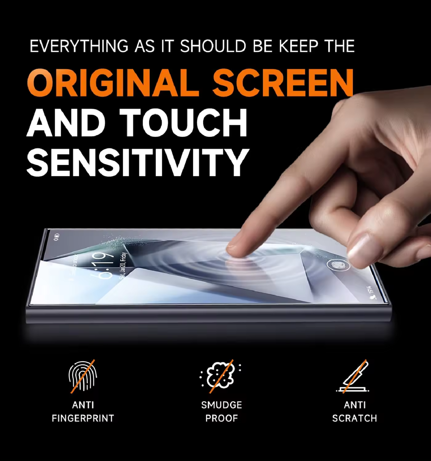 Ein Finger berührt eine Displayschutzfolie auf einem Telefon.