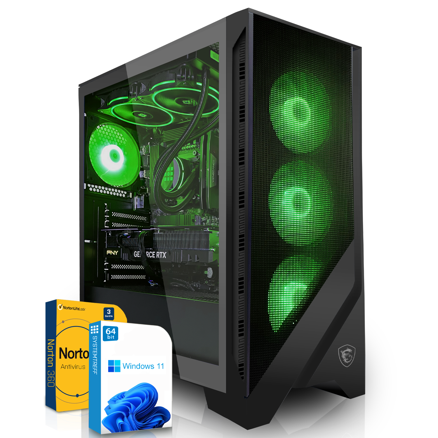 Ein schwarzer Computer mit grünen Lichtern im Inneren. Zwei Softwareboxen davor.