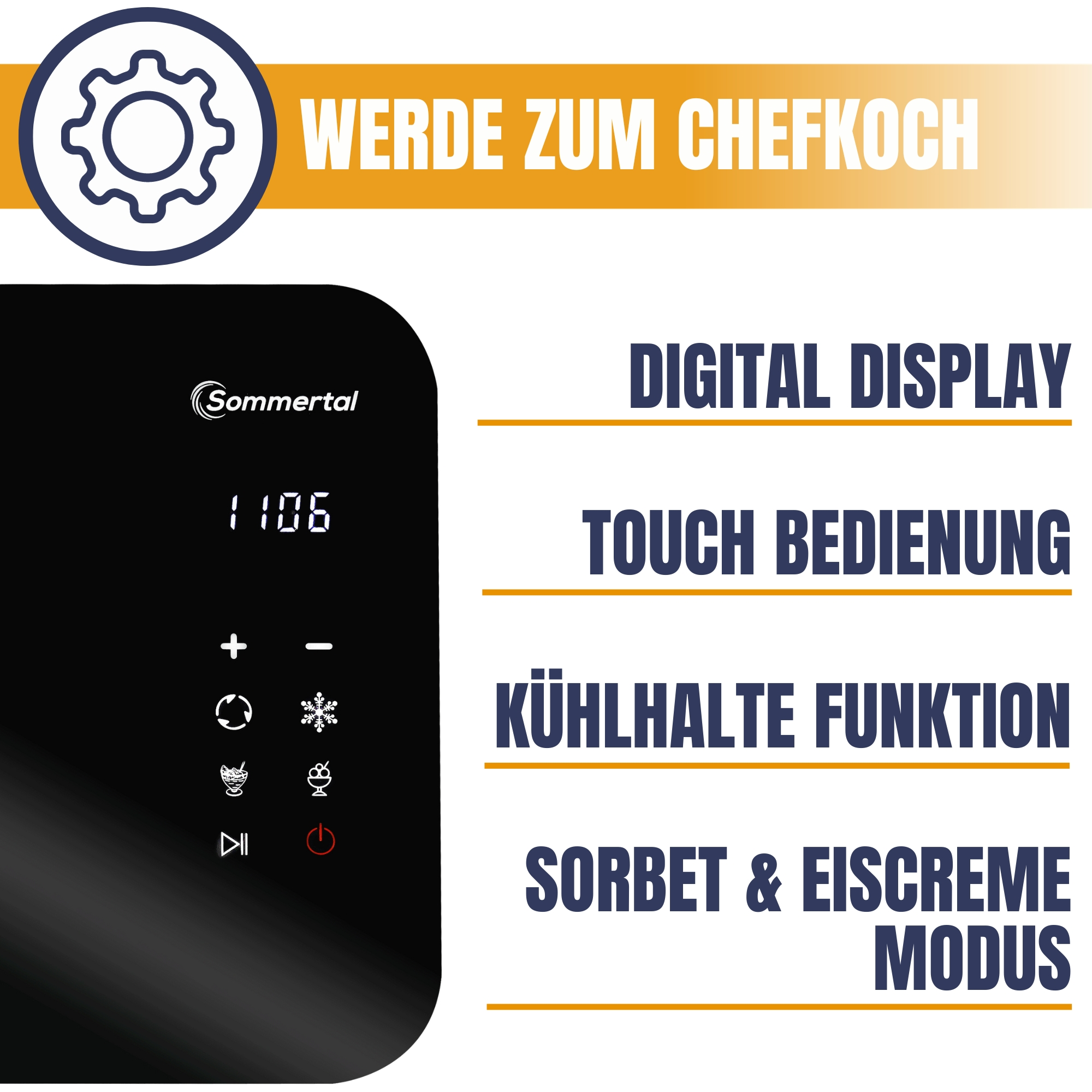 Schwarzes Digitaldisplay. Touch-Steuerung. Kühlfunktion. Sorbet- und Eiscreme-Modus. Weißer Text auf schwarzem Hintergrund.