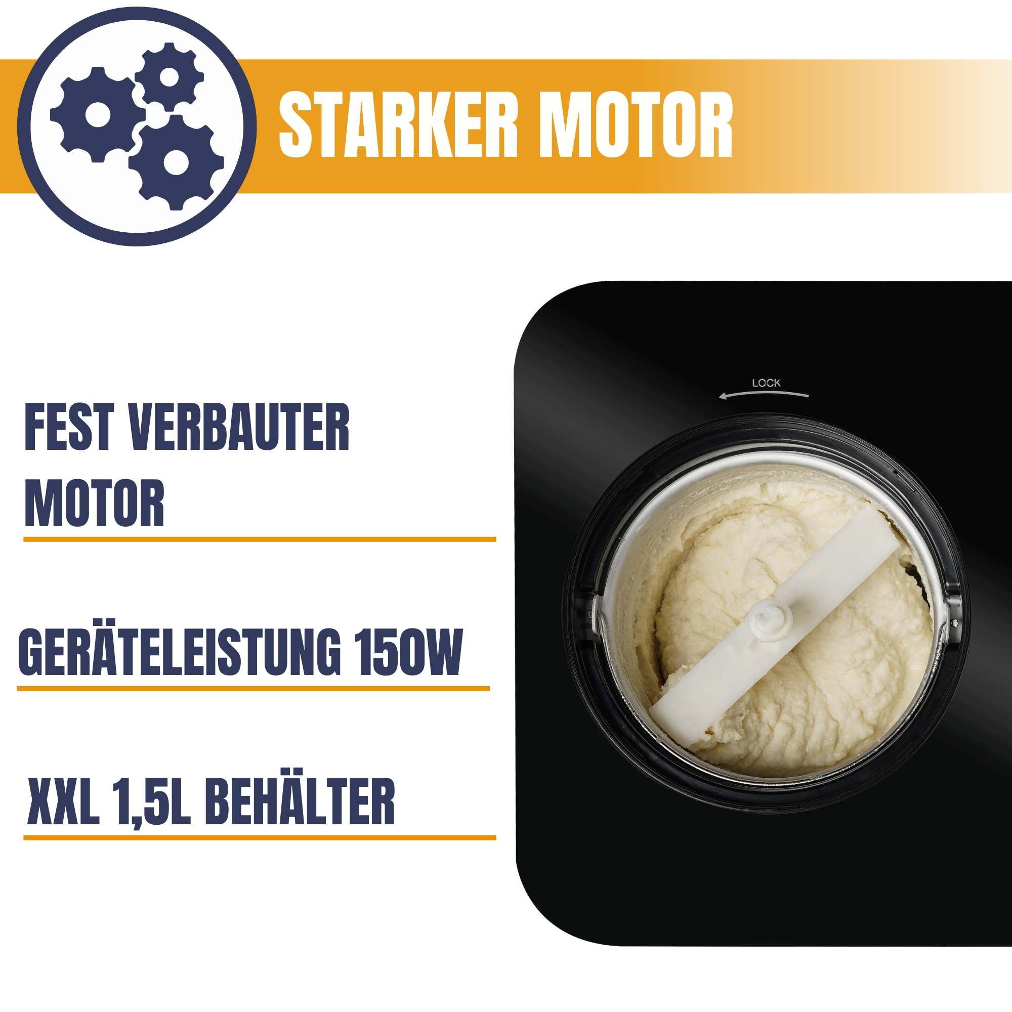 Eine Eismaschine mit Text, der die Funktionen beschreibt: starker Motor, 150W Leistung und 1,5L Behälter.