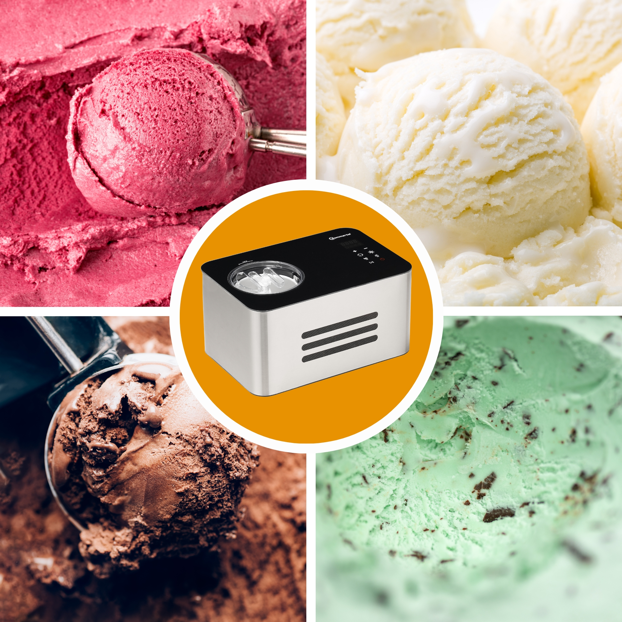 Verschiedene Eiscreme-Kugeln und eine Eismaschine. Aromen umfassen Rosa, Weiß, Schokolade und Grün.